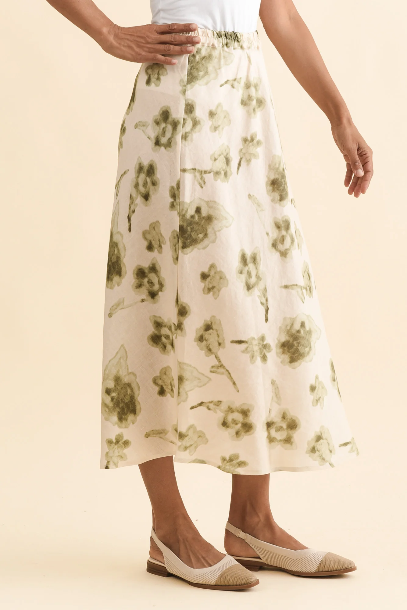 Modena Cream Floral Linen Midi Skirt - Image 3