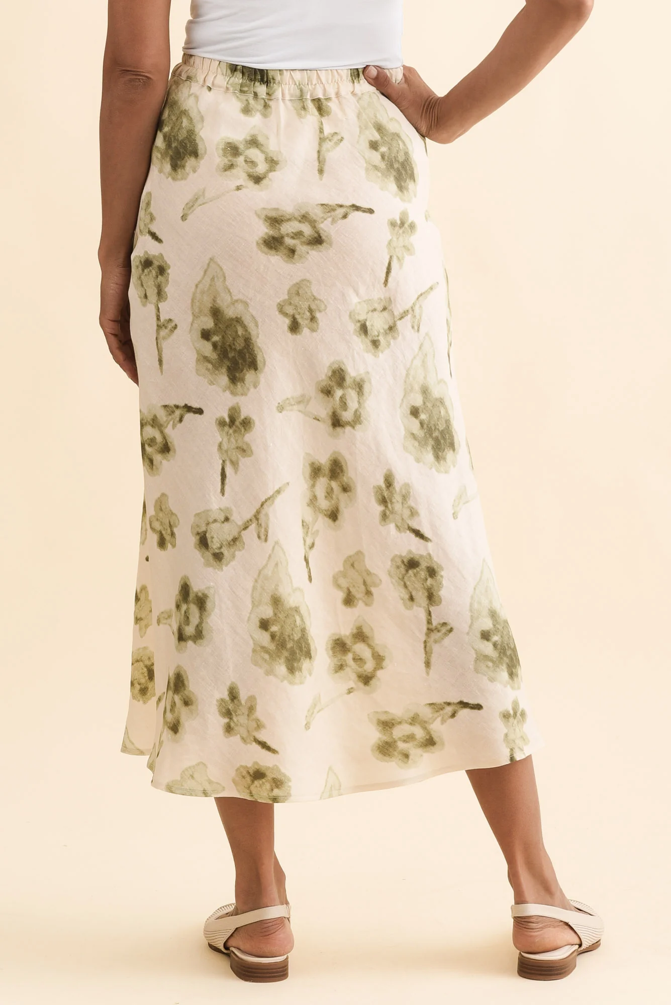 Modena Cream Floral Linen Midi Skirt - Image 4