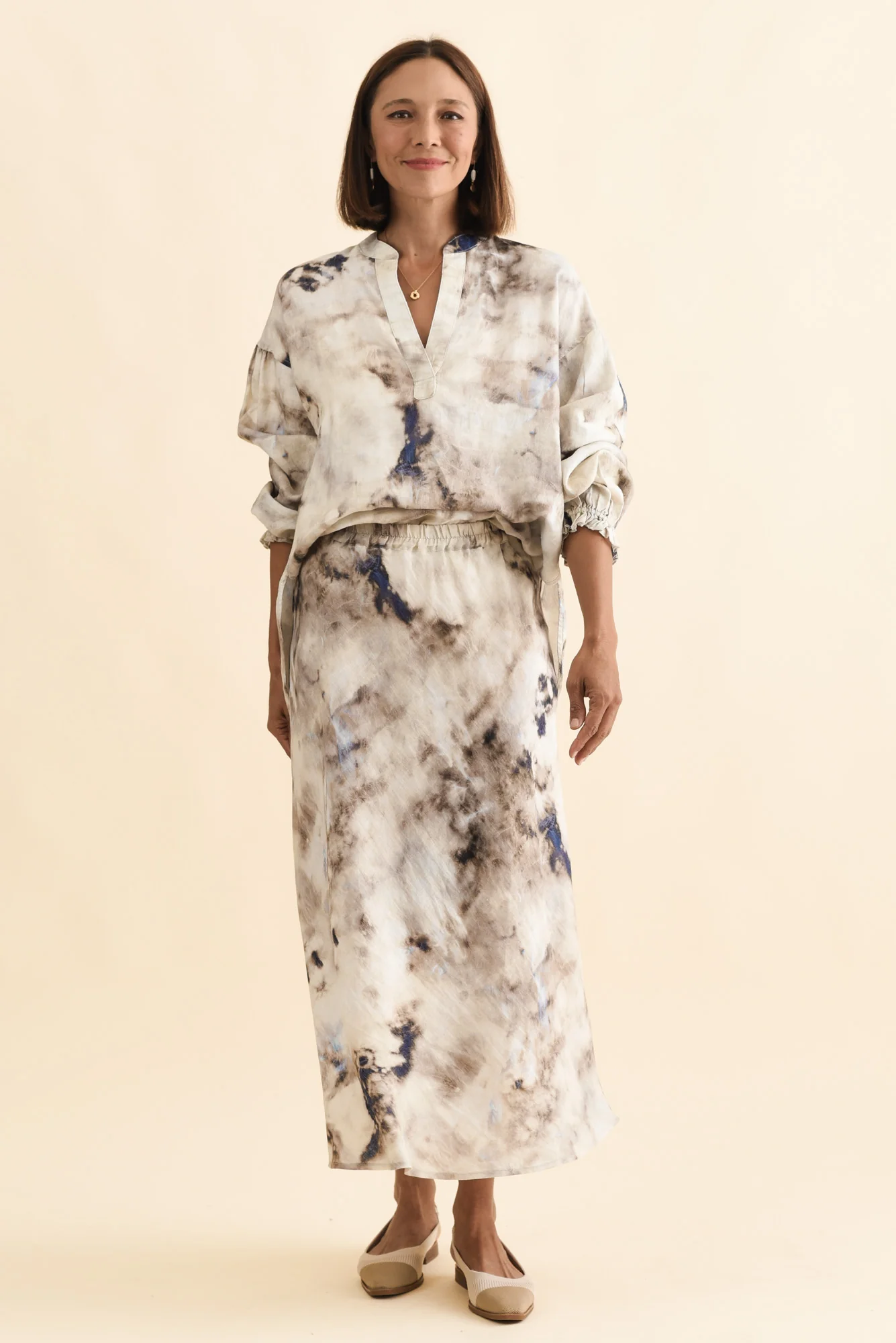 Modena Taupe Abstract Linen Midi Skirt - Image 2