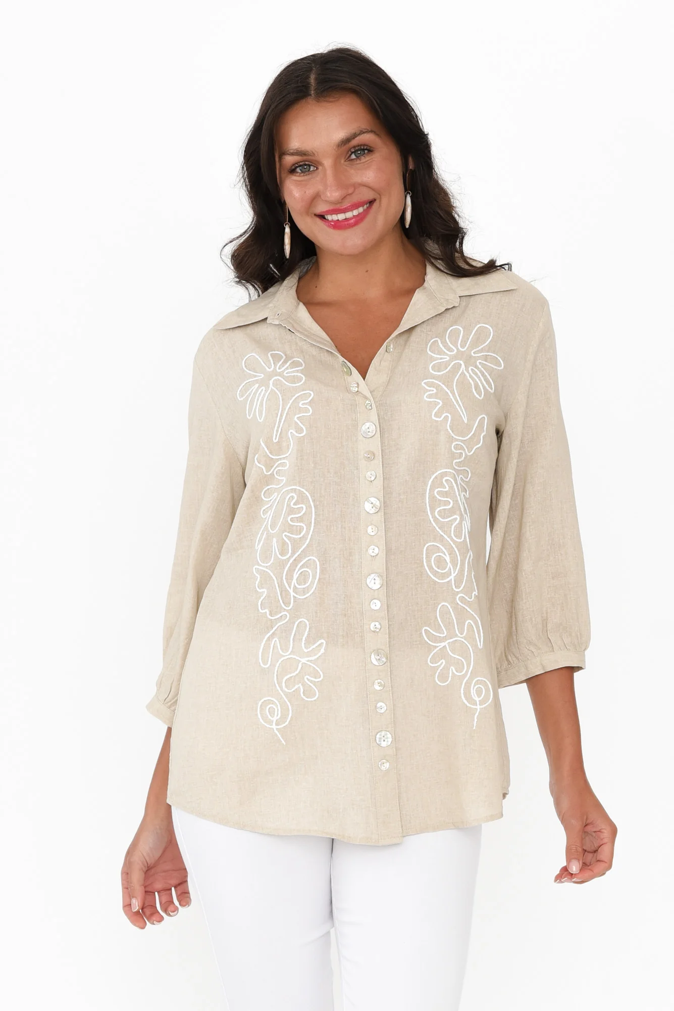 Monica Natural Floral Embroidered Shirt