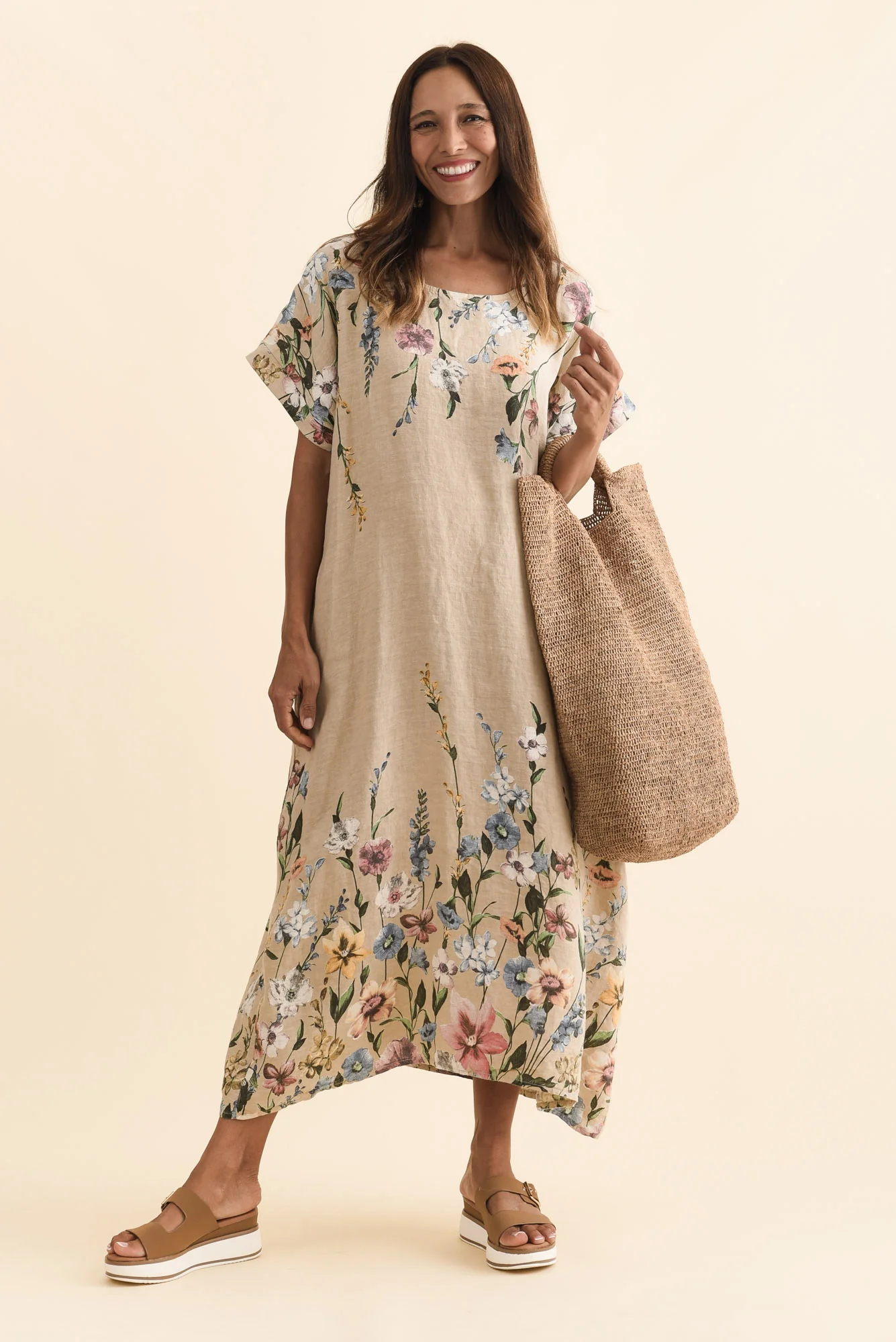 Morrison Beige Floral Linen Pocket Dress