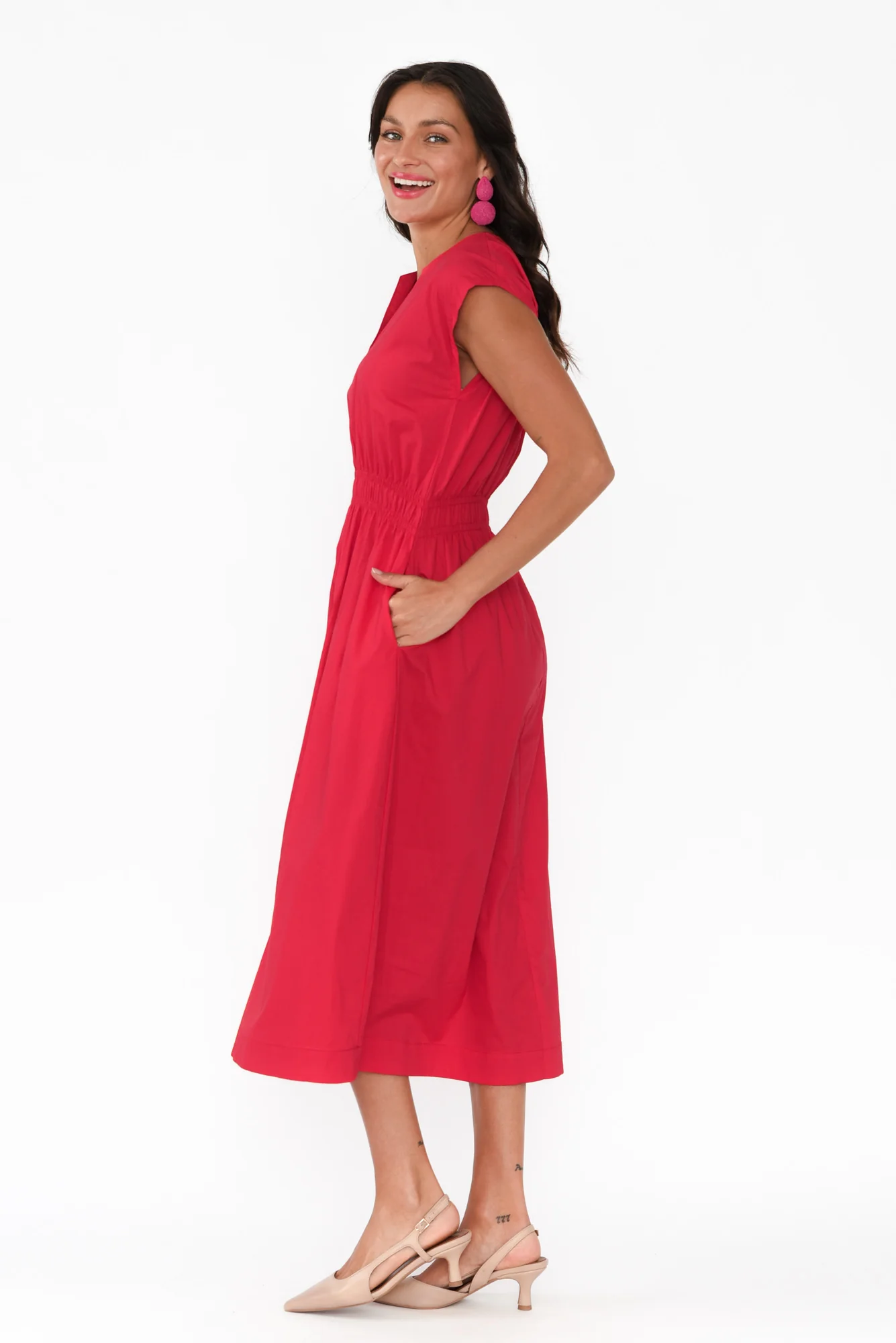 Nelly Red Cotton Midi Dress - Image 3