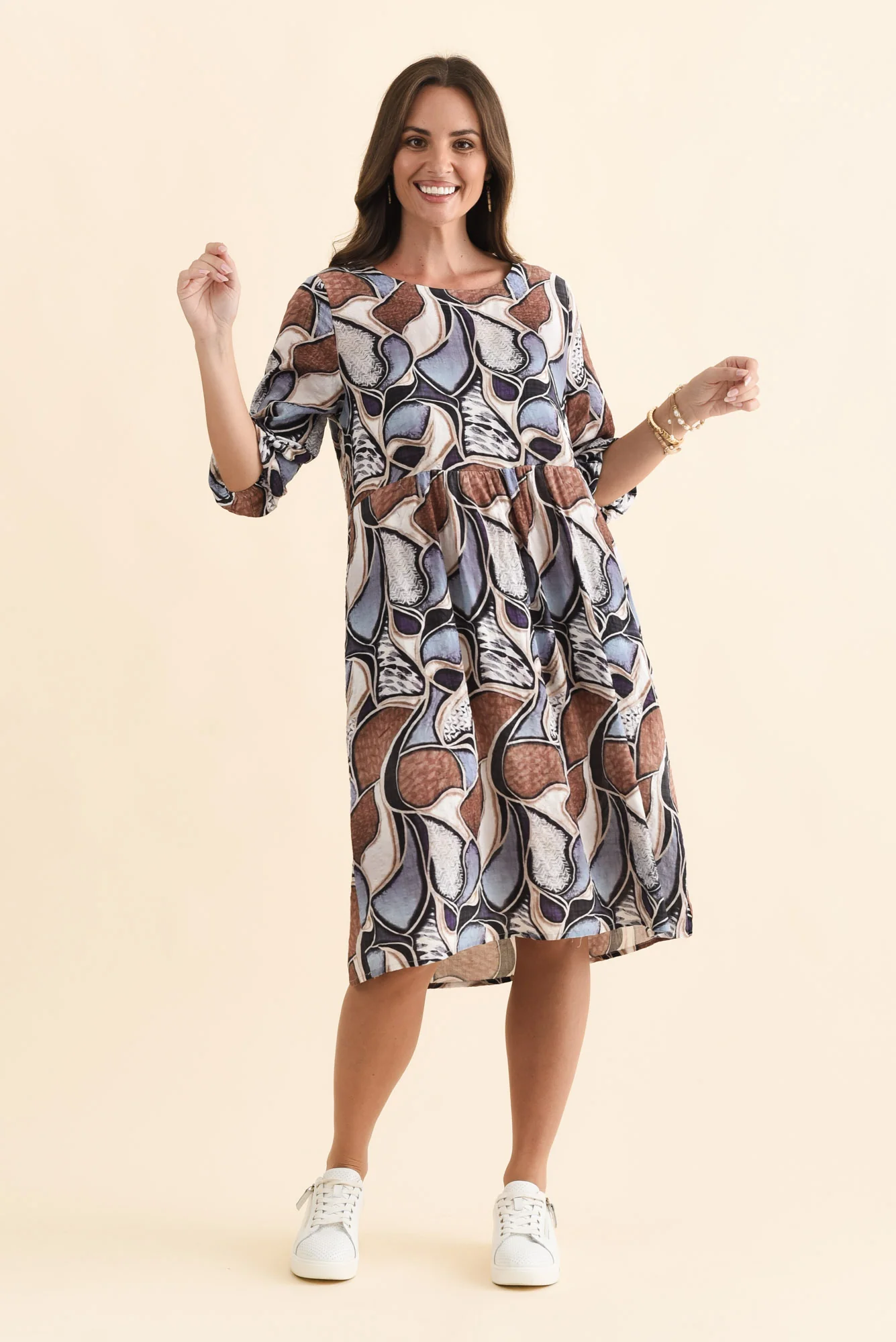 Nicolette Blue Abstract Cotton Blend Sleeved Dress - Image 6