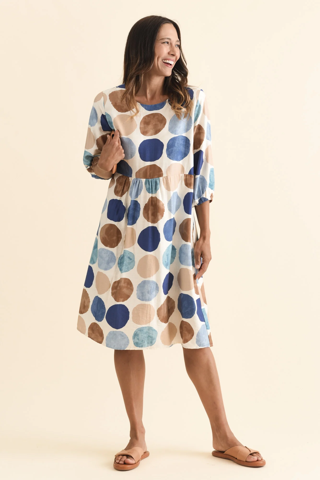 Nicolette Navy Spot Cotton Blend Sleeved Dress - Image 2