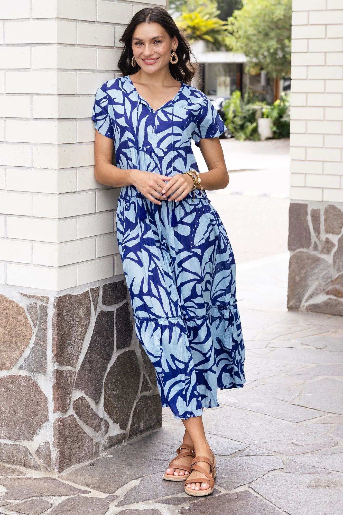 Nona Blue Botanical Crinkle Cotton Maxi Dress