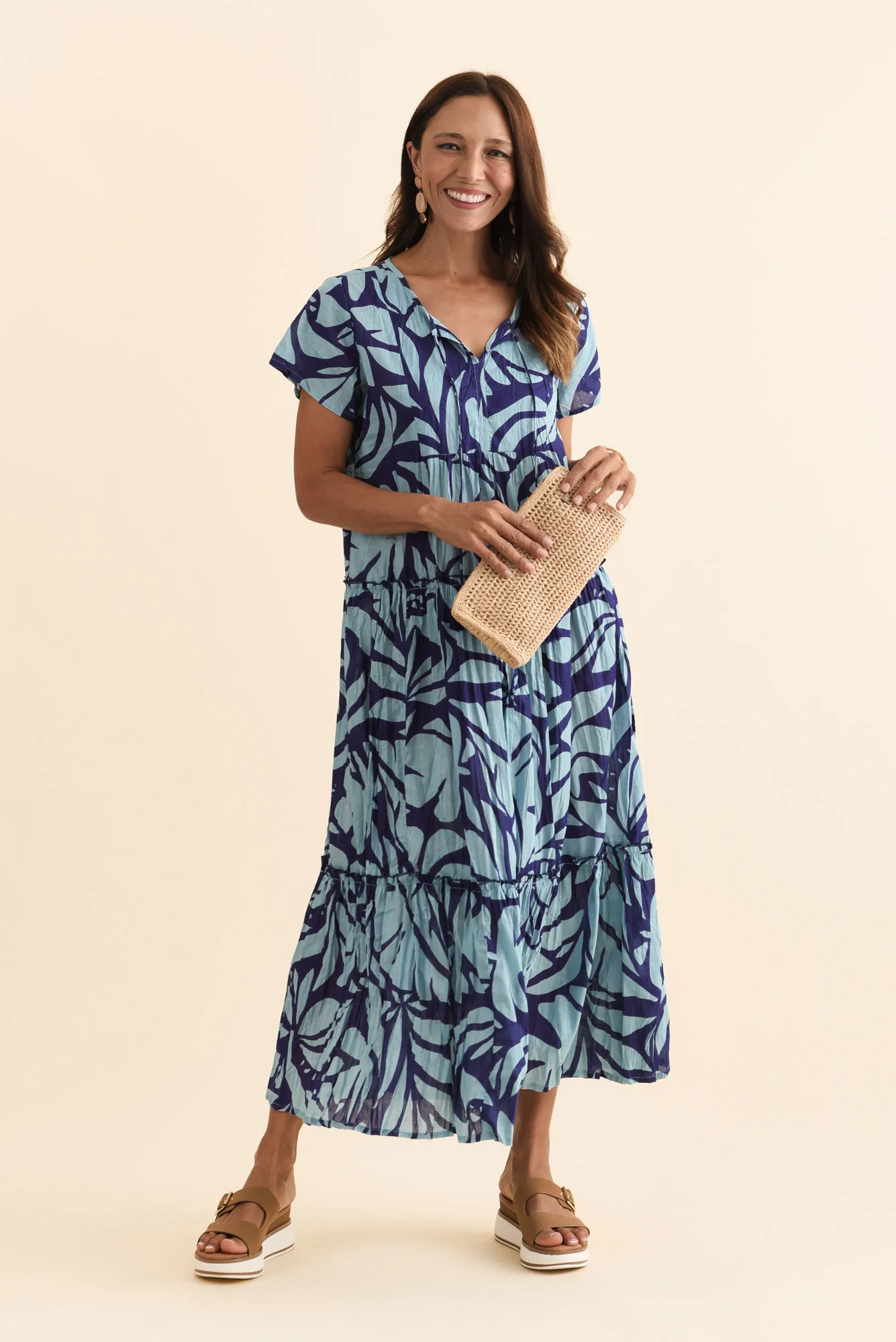 Nona Blue Botanical Crinkle Cotton Maxi Dress - Image 2