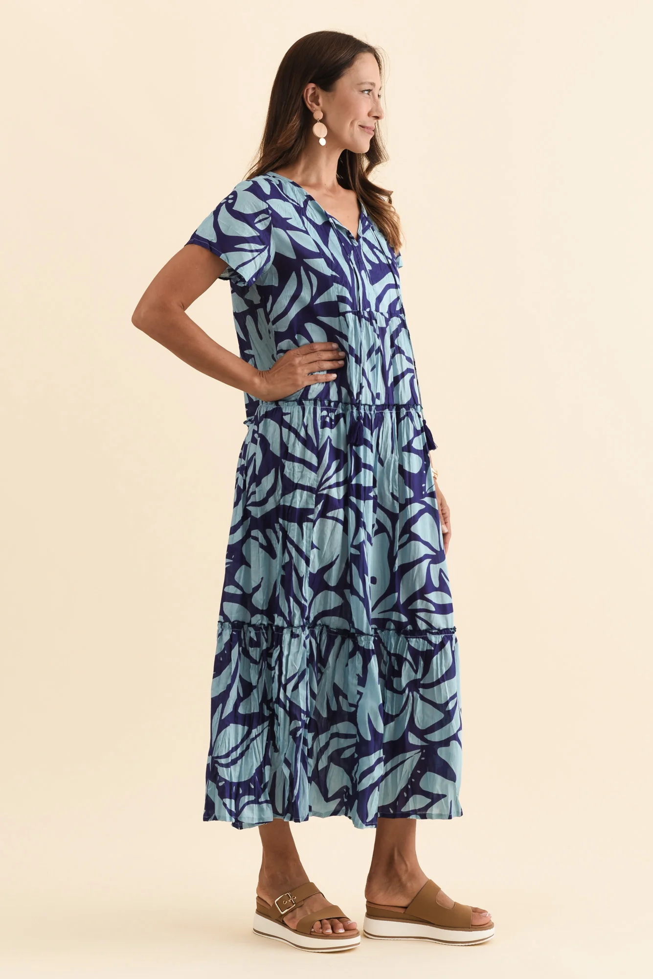 Nona Blue Botanical Crinkle Cotton Maxi Dress - Image 4