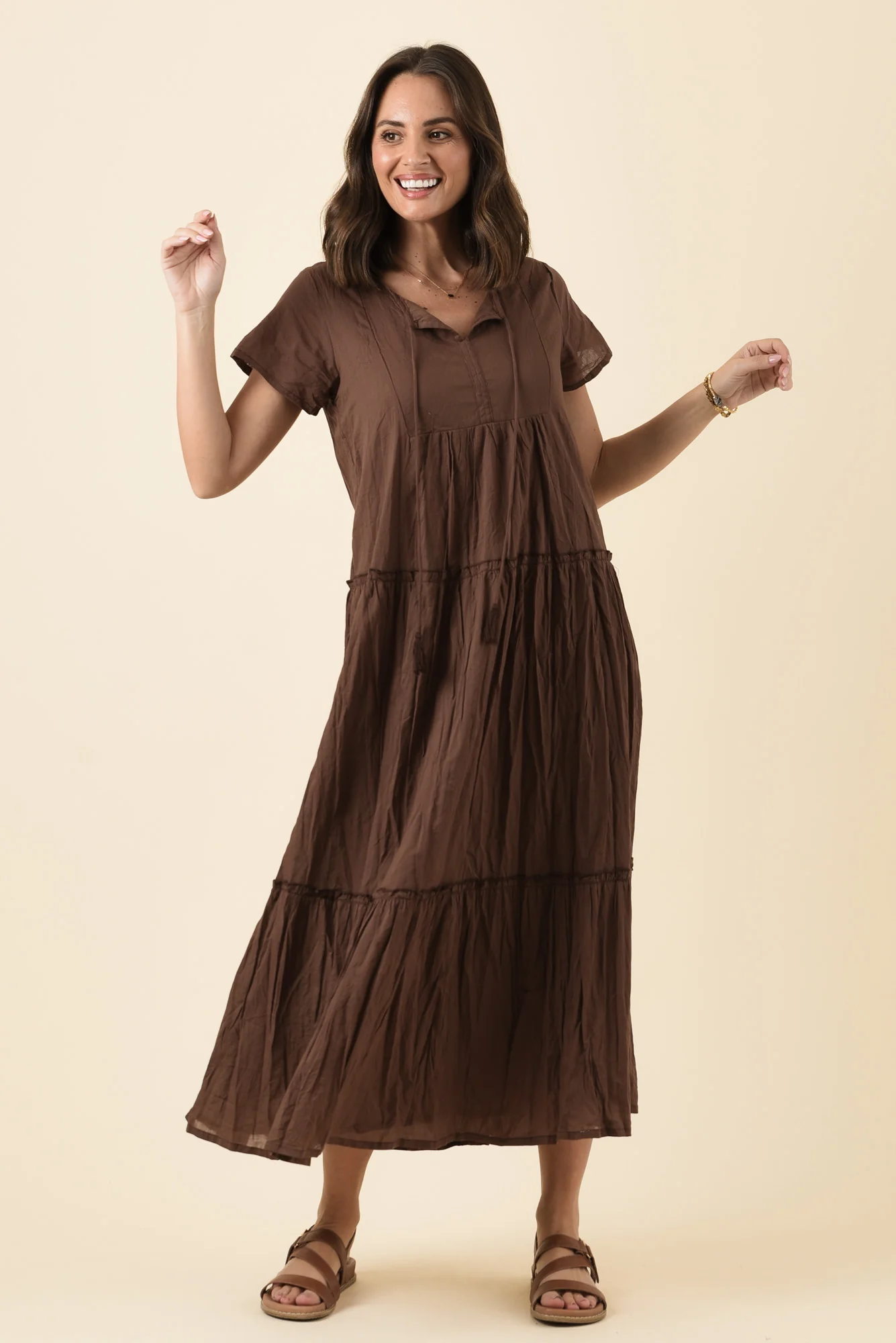 Nona Chocolate Crinkle Cotton Maxi Dress - Image 6