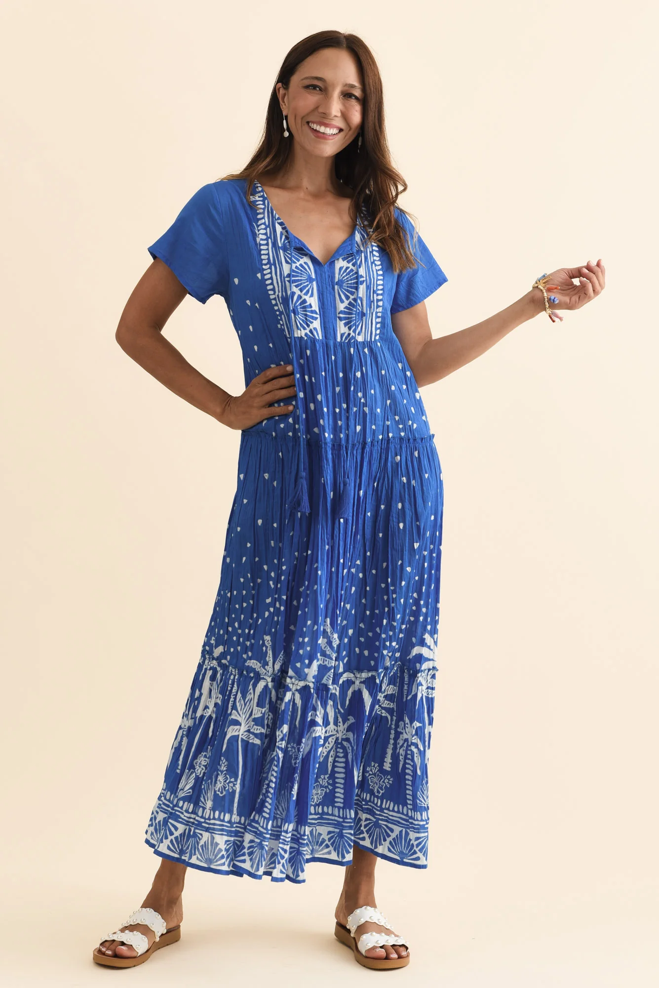 Nona Cobalt Palm Crinkle Cotton Maxi Dress