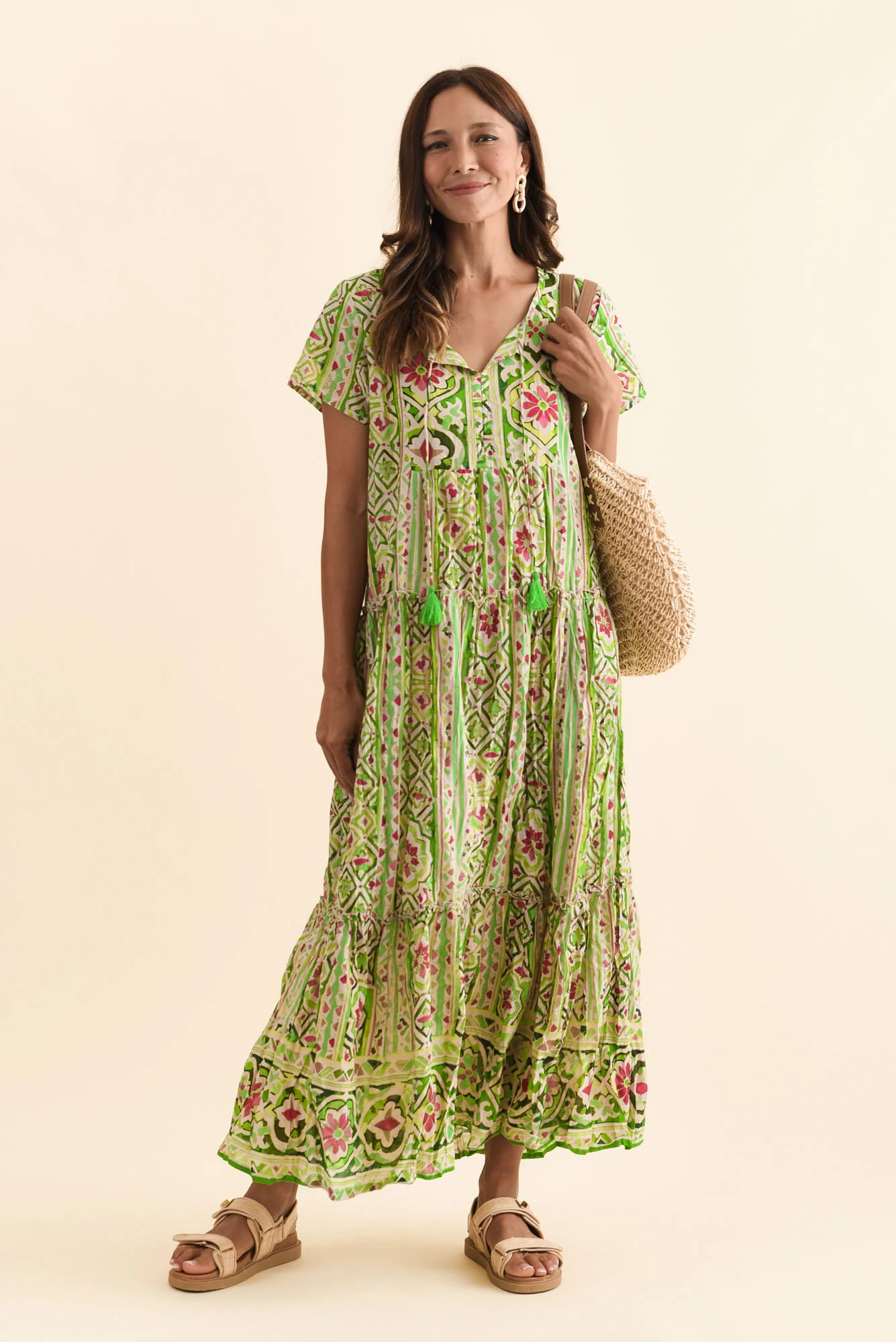 Nona Green Abstract Crinkle Cotton Maxi Dress