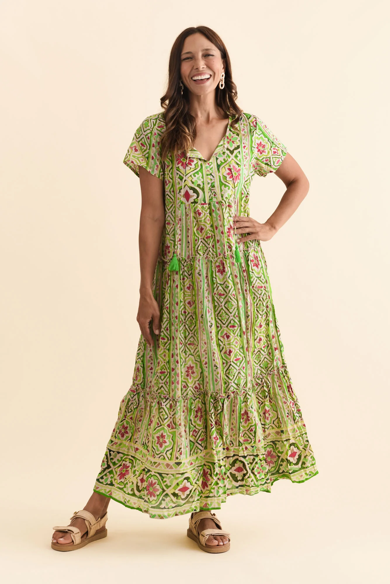 Nona Green Abstract Crinkle Cotton Maxi Dress - Image 6