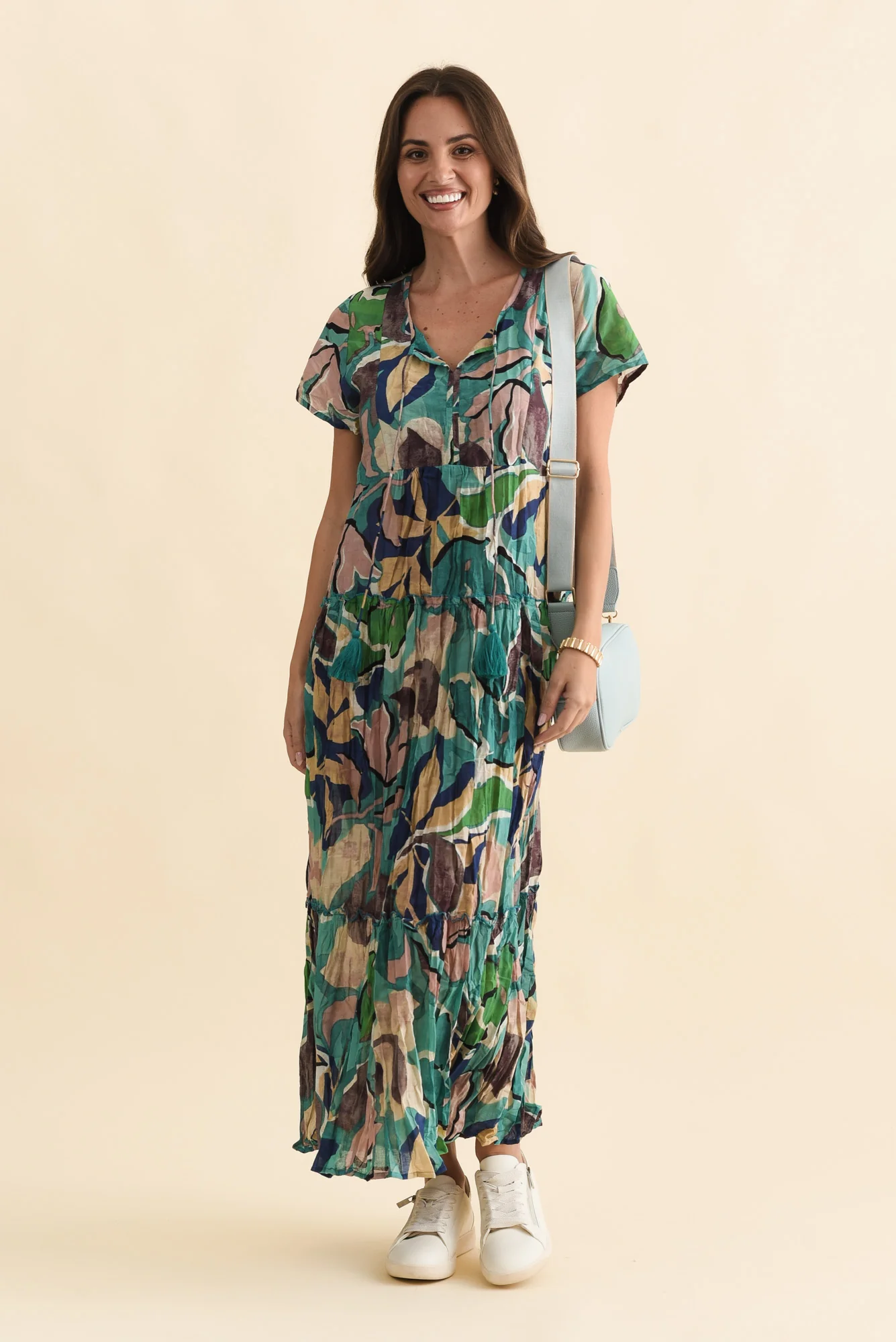 Nona Teal Foliage Crinkle Cotton Maxi Dress - Image 2