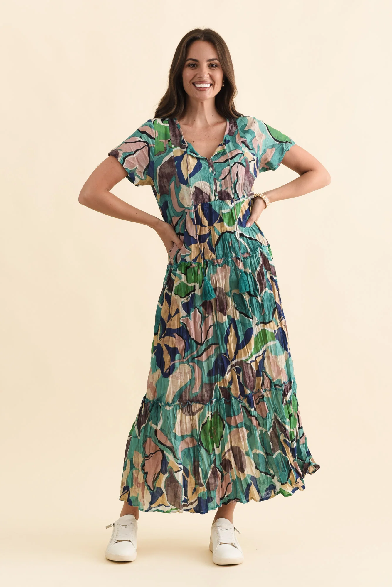 Nona Teal Foliage Crinkle Cotton Maxi Dress - Image 7