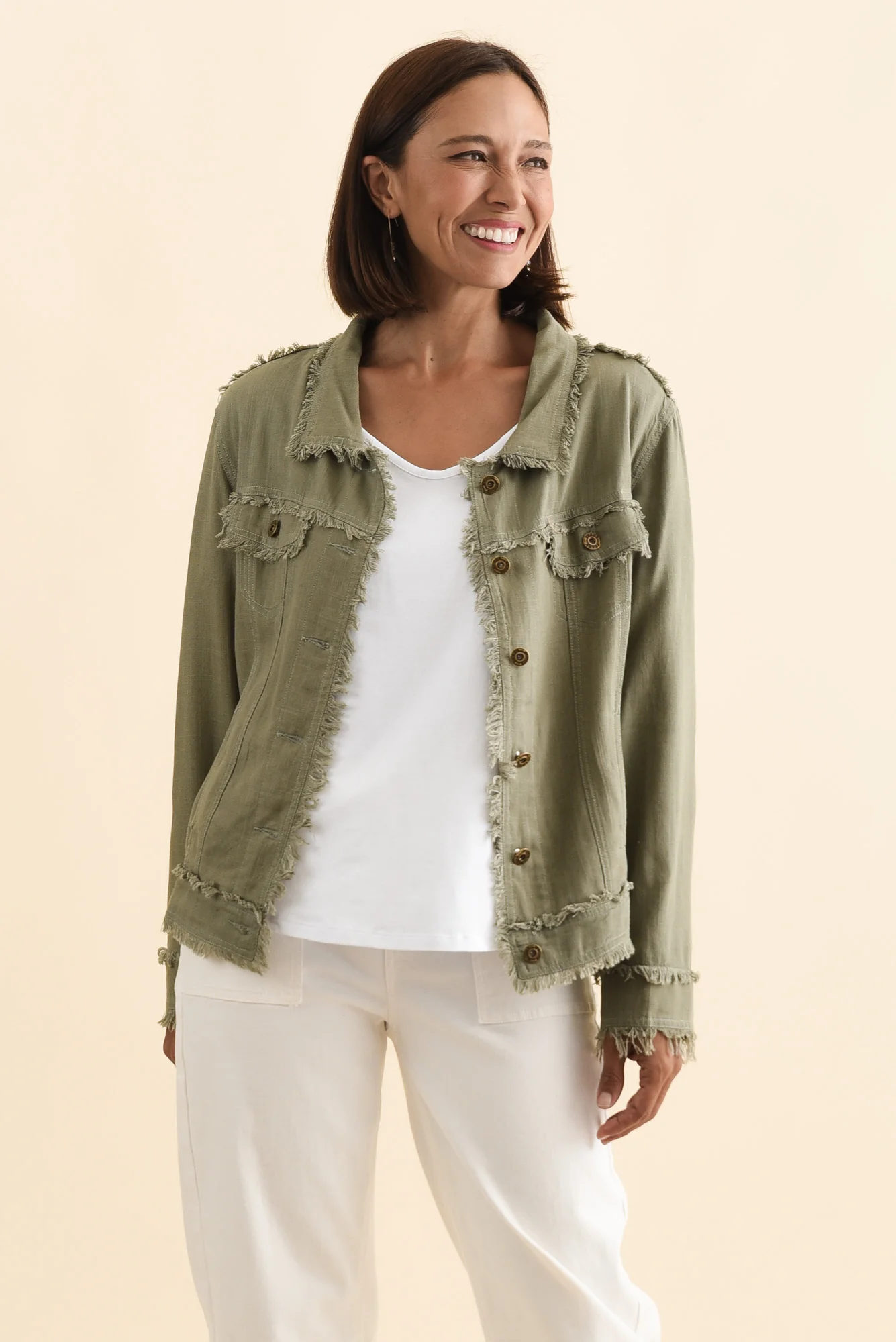 Oakley Khaki Linen Frayed Jacket