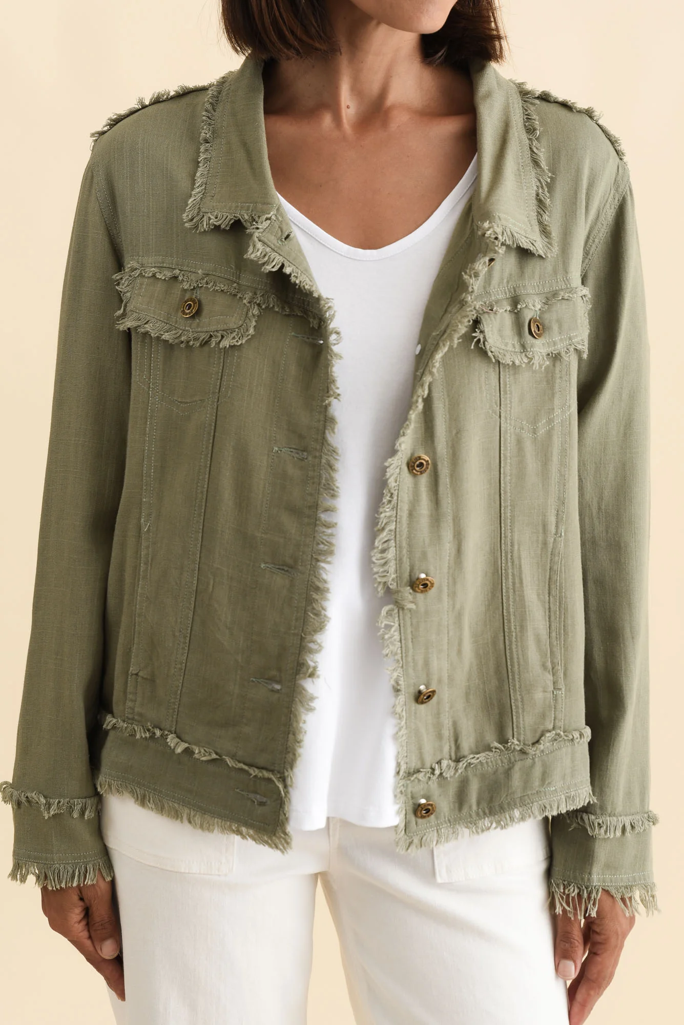 Oakley Khaki Linen Frayed Jacket - Image 5