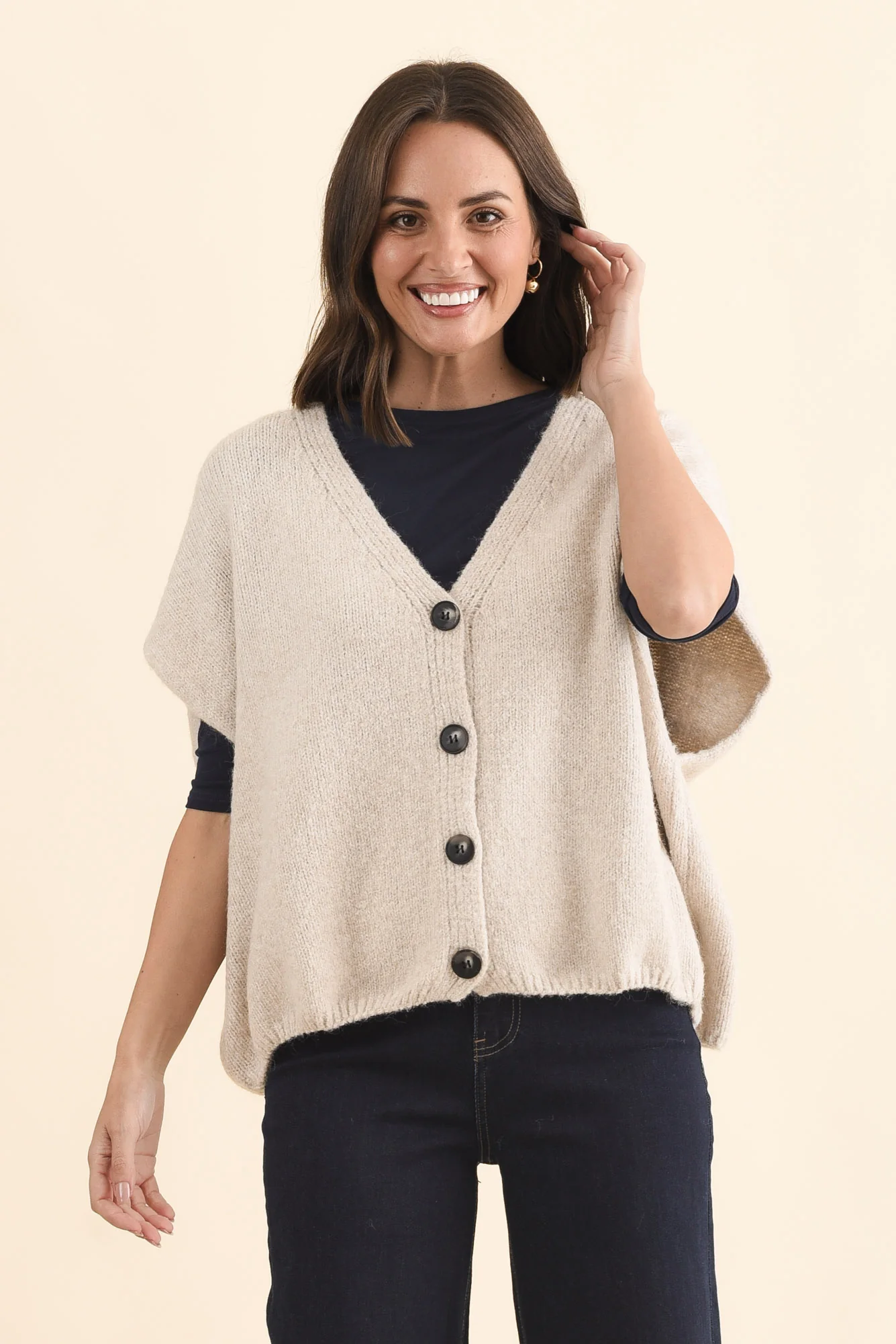 Oaklyn Beige Knit Button Top