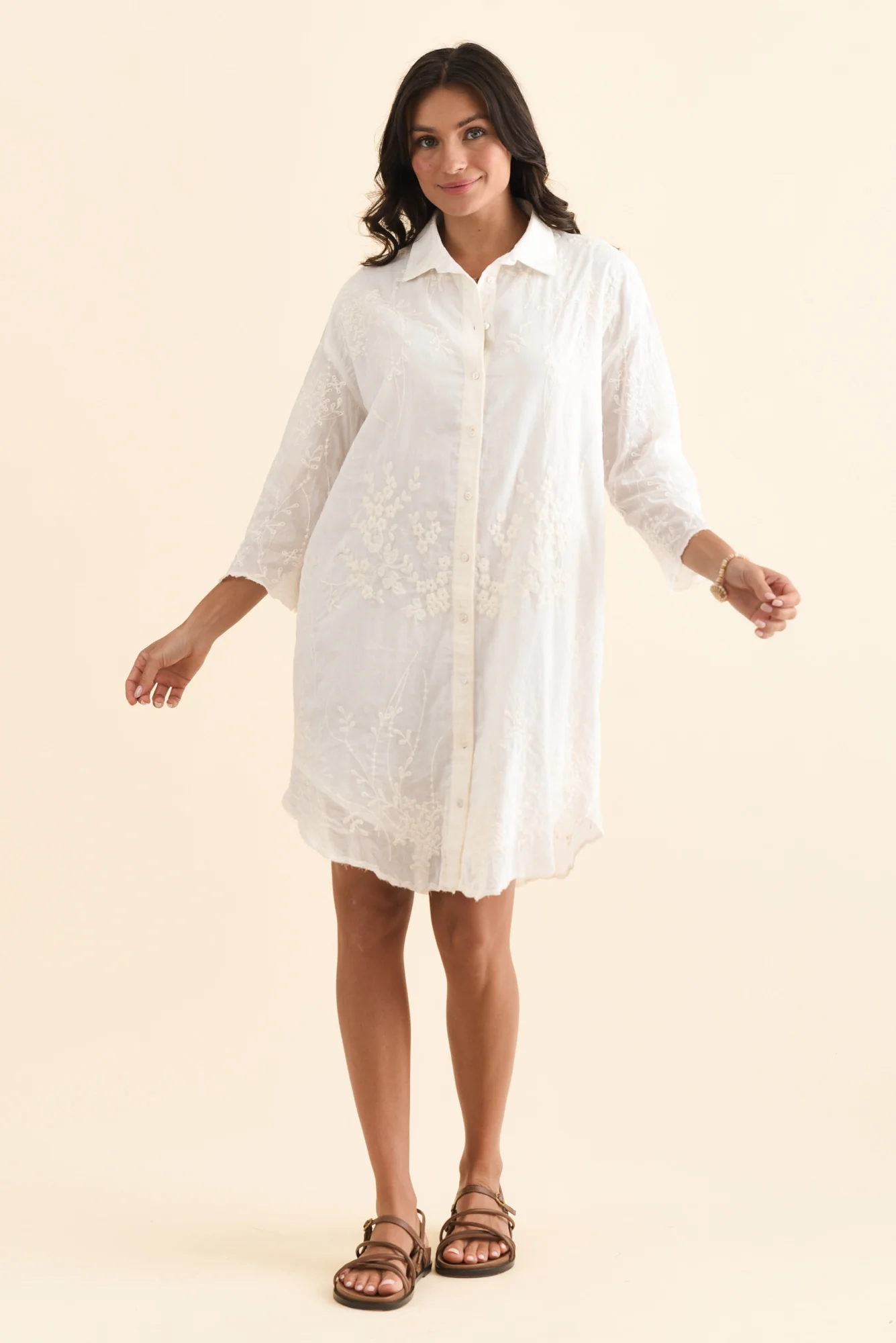 Offredo White Cotton Embroidered Shirt Dress