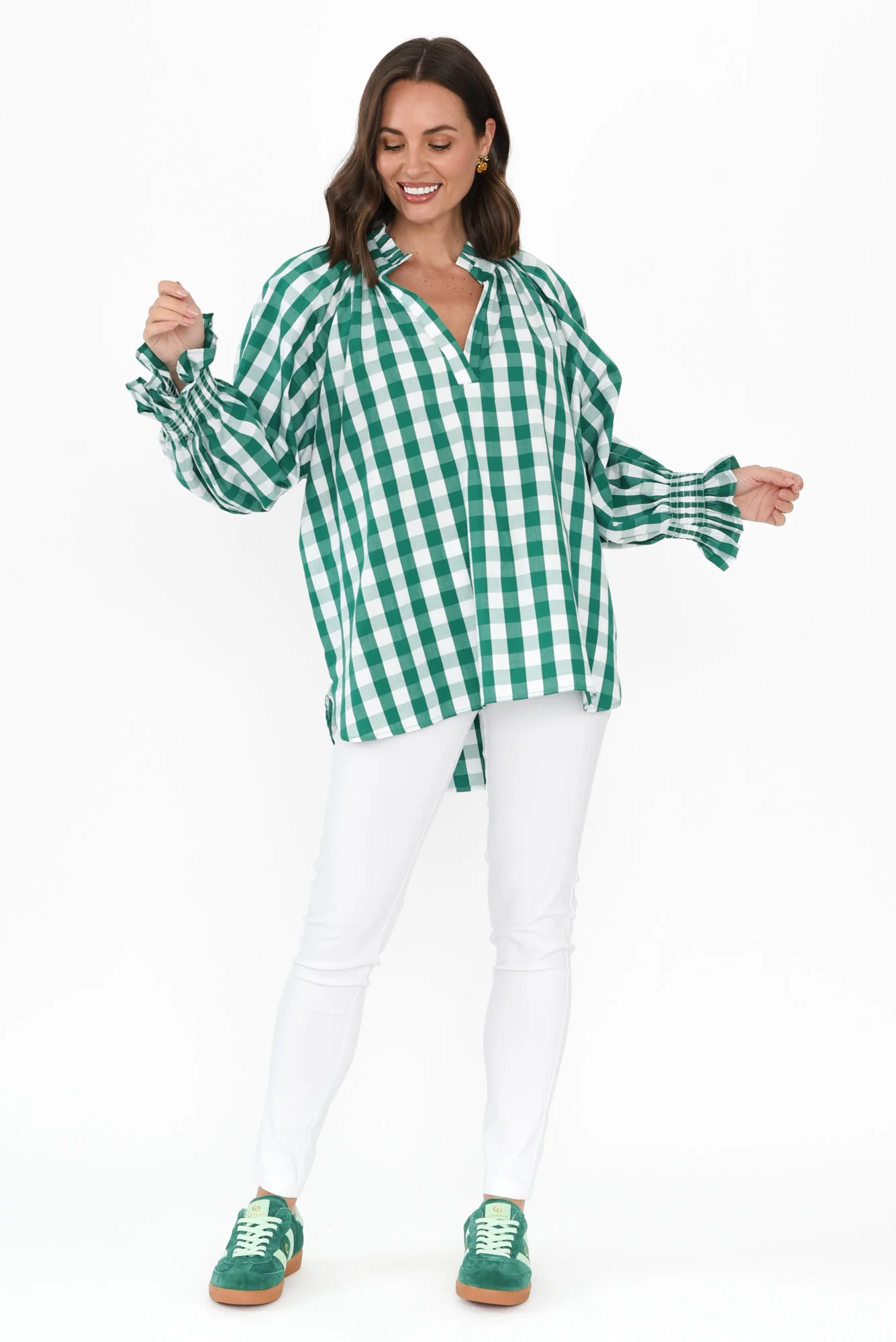Olena Green Check Cotton Puff Sleeve Blouse - Image 2
