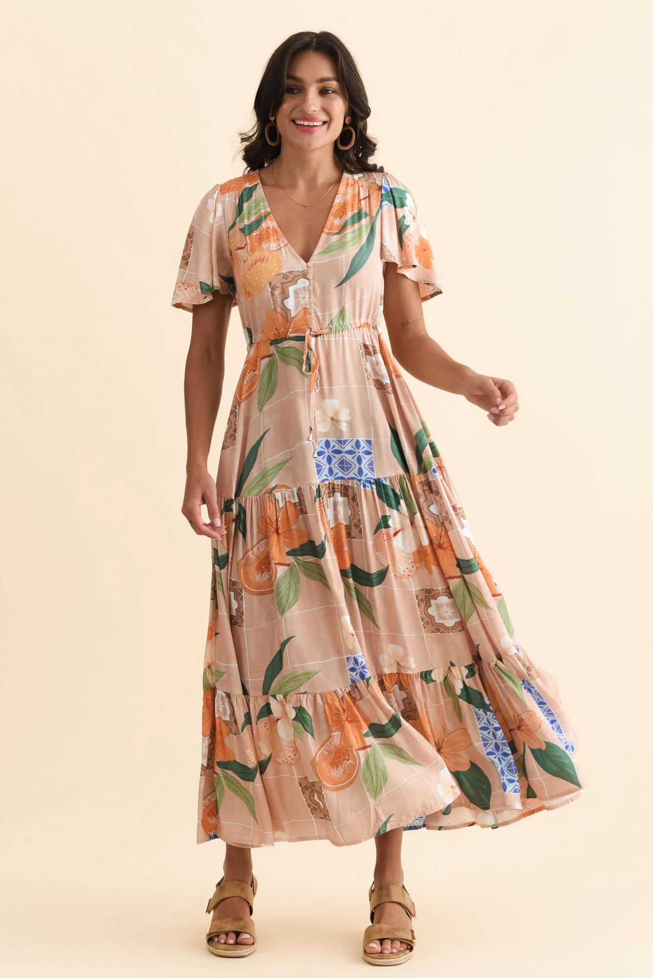 Orson Apricot Floral Tier Dress - Image 2