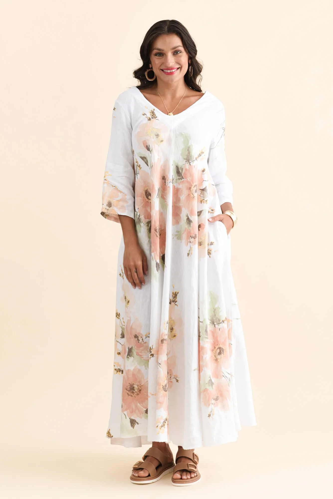 Oscar White Floral Linen Maxi Dress