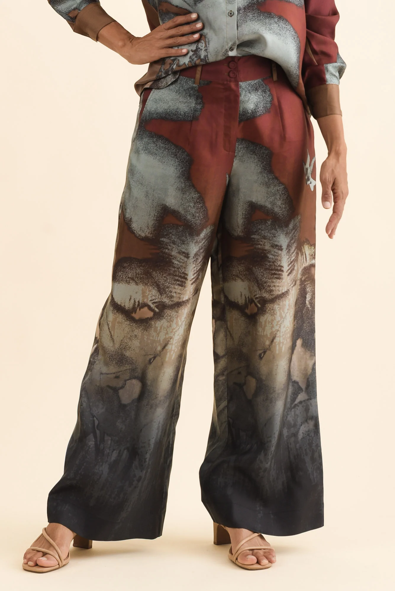 Palisades Mocha Floral Silk Wide Leg Pants