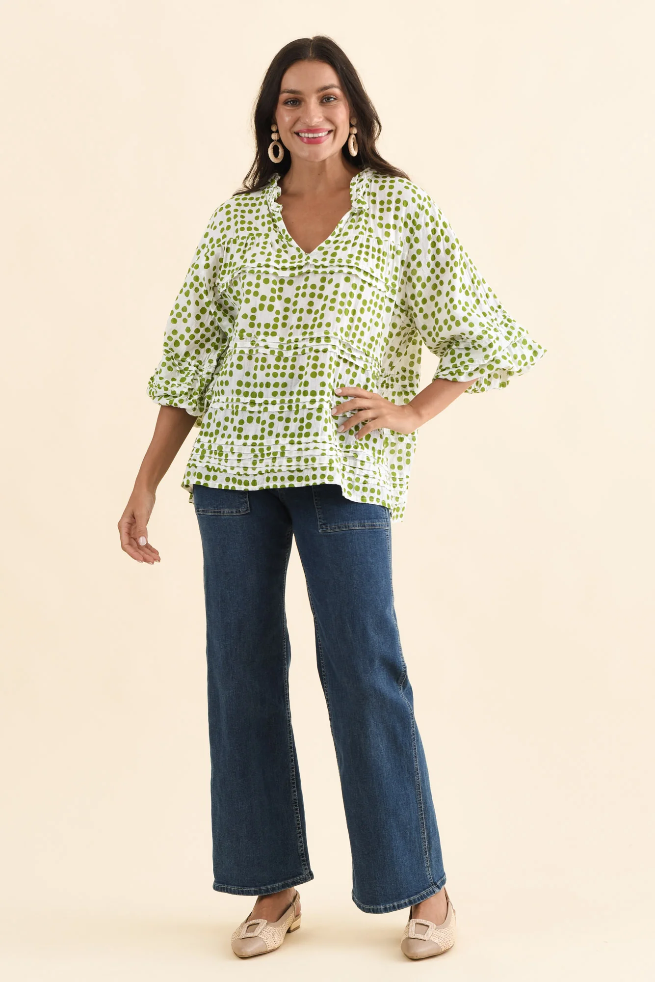 Palmer Green Spot Cotton Long Sleeve Top - Image 2