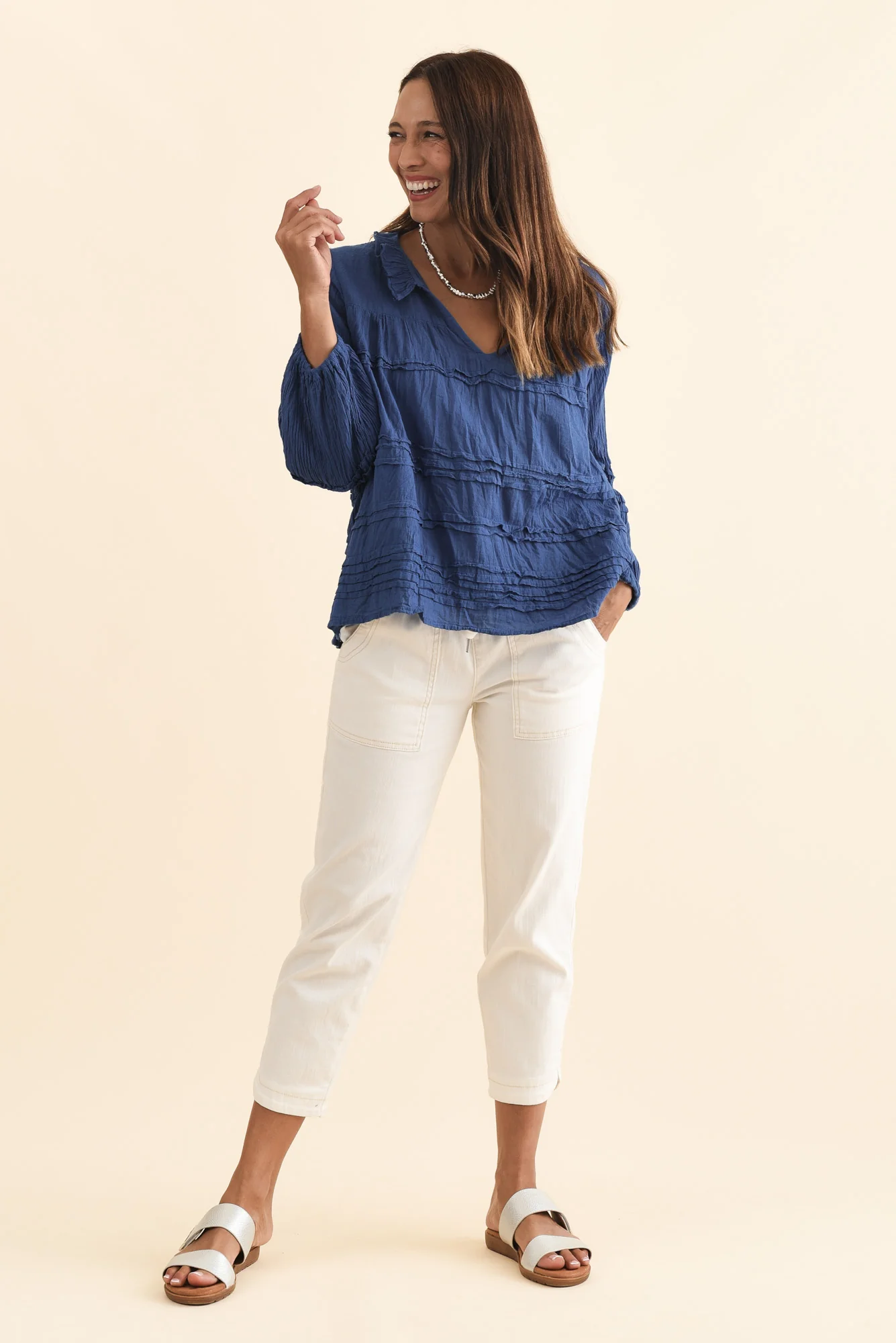 Palmer Navy Cotton Long Sleeve Top - Image 6