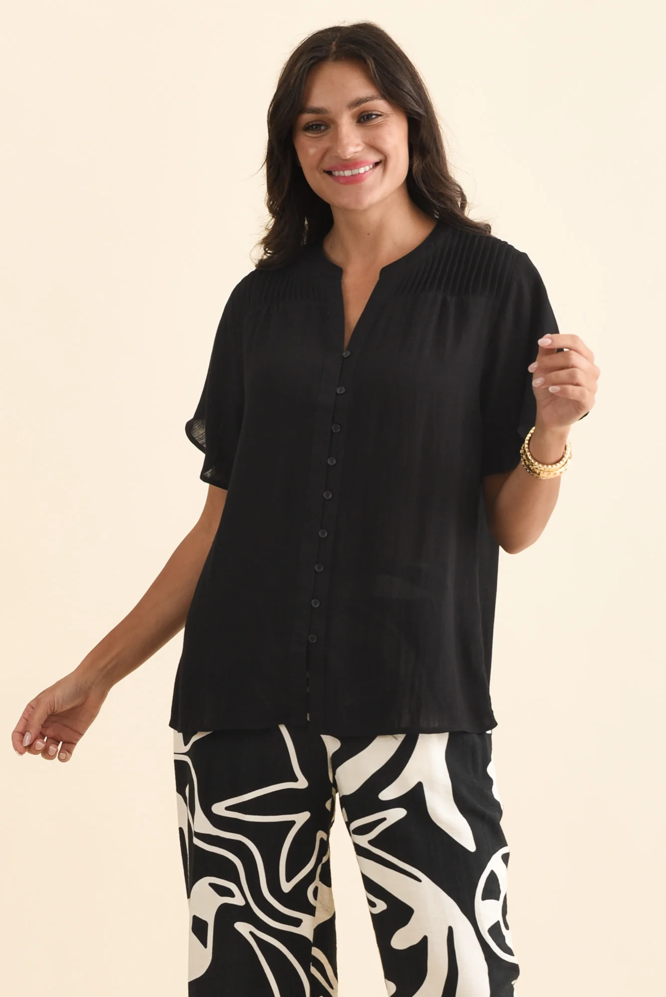 Ponny Black Linen Blend Button Top
