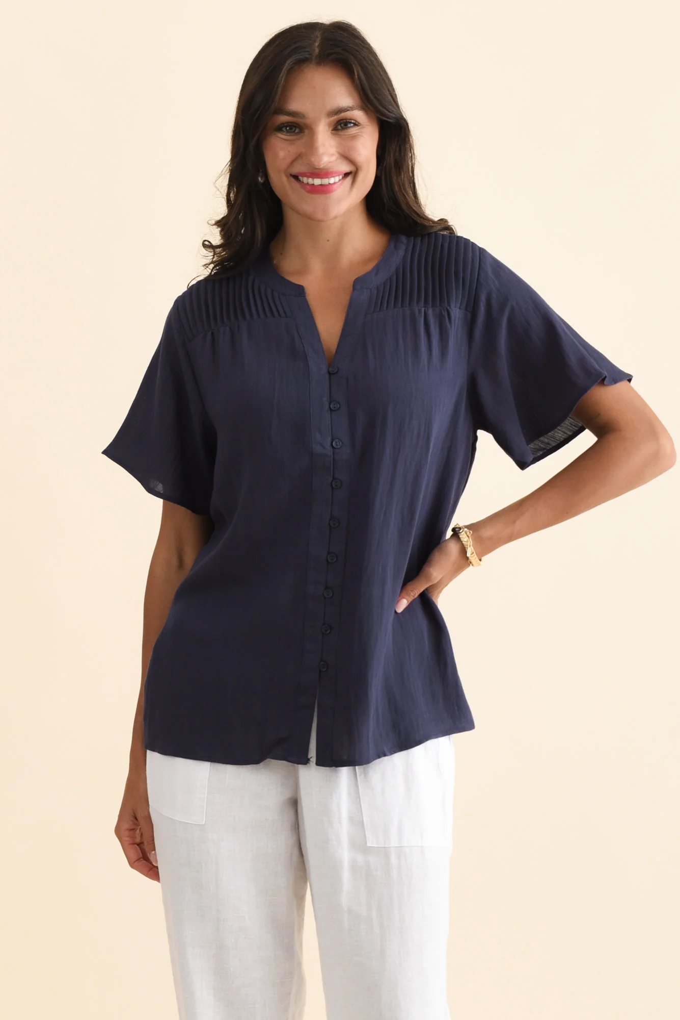 Ponny Navy Linen Blend Button Top