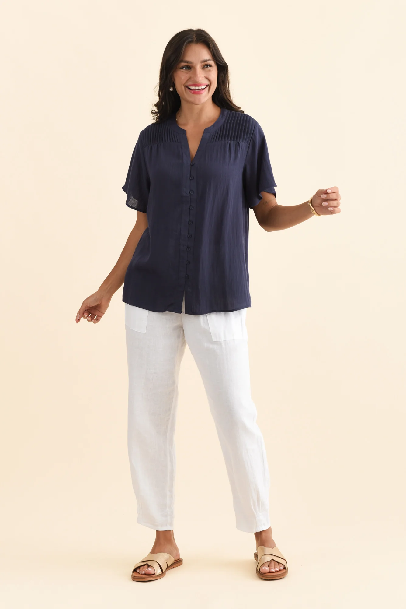 Ponny Navy Linen Blend Button Top - Image 6
