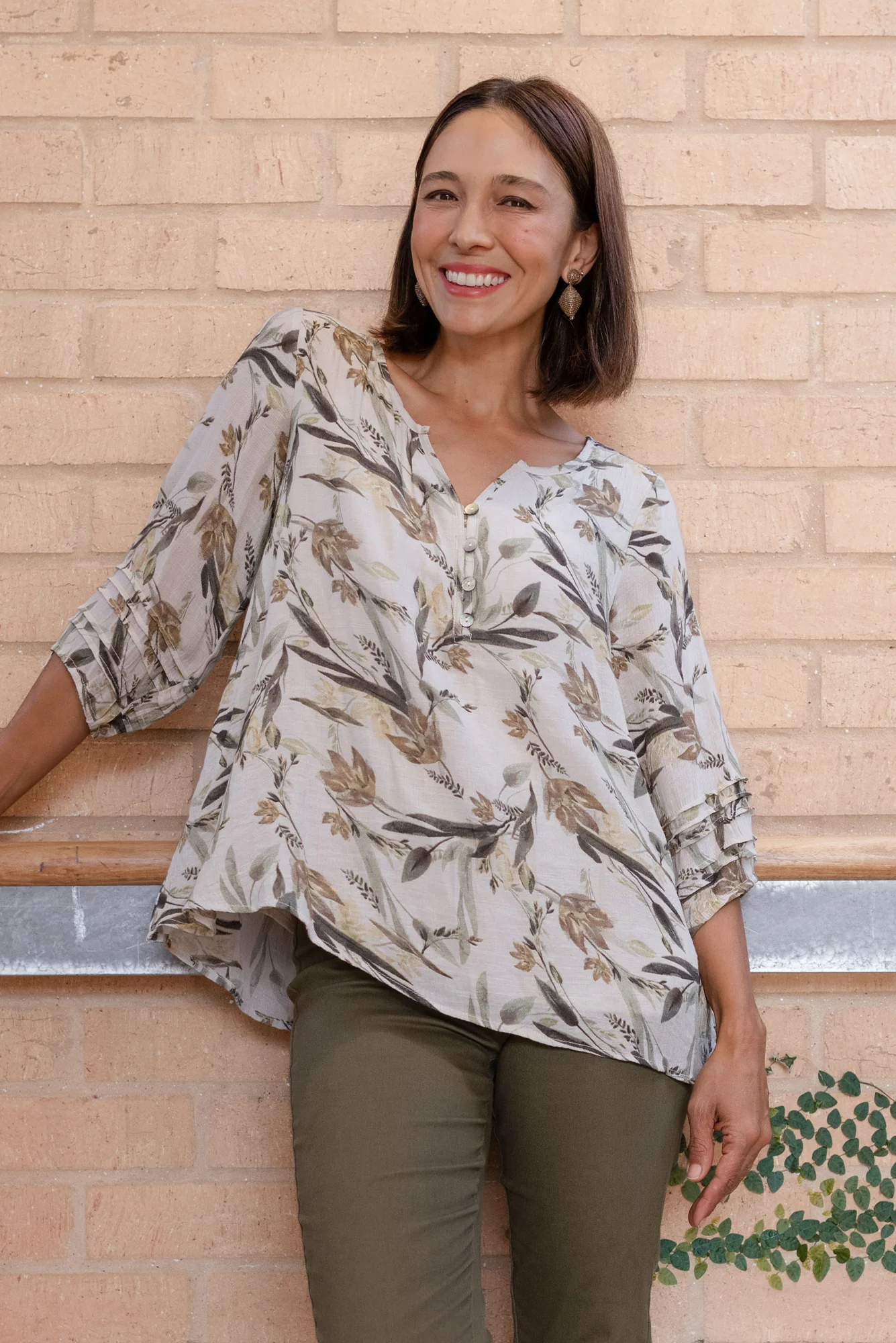 Ramirez Beige Flower Button Top