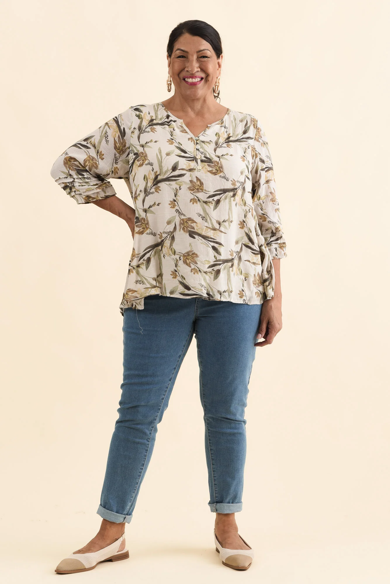 Ramirez Beige Flower Button Top - Image 9