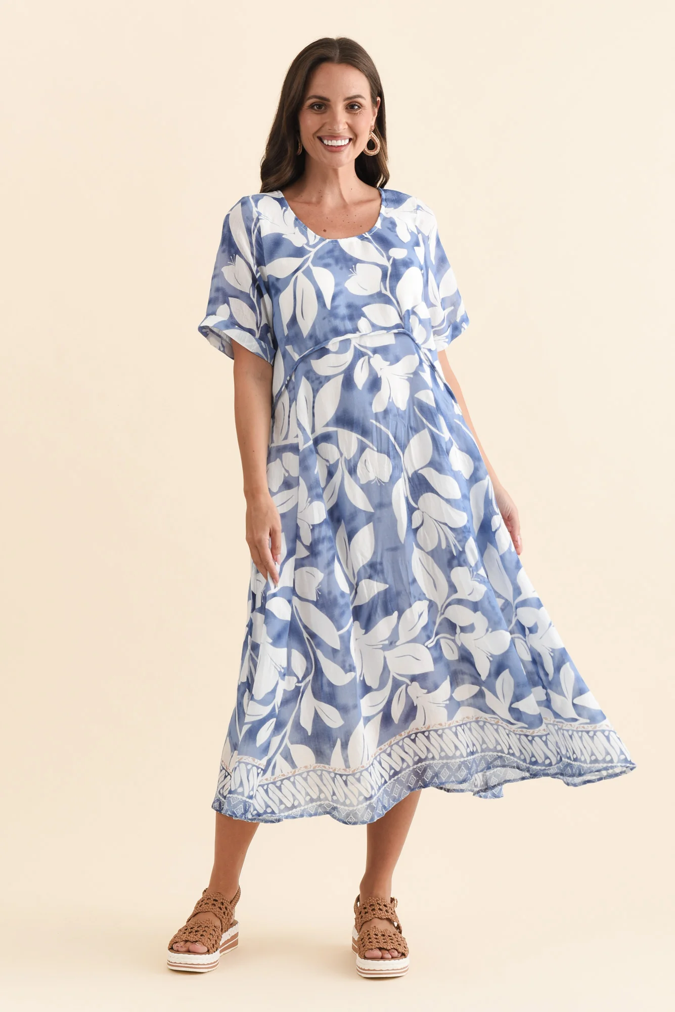 Ramona Blue Leaf Cotton Blend Dress