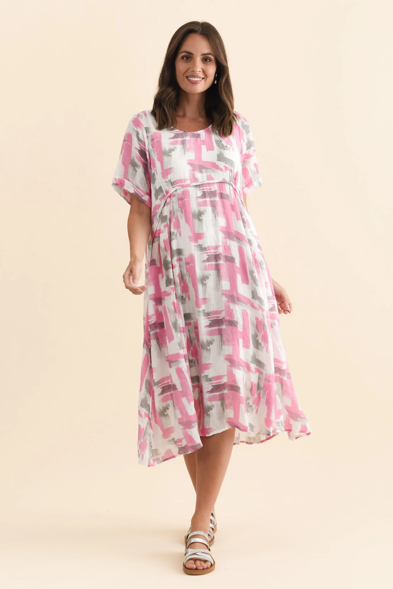 Ramona Pink Brush Stroke Cotton Blend Dress