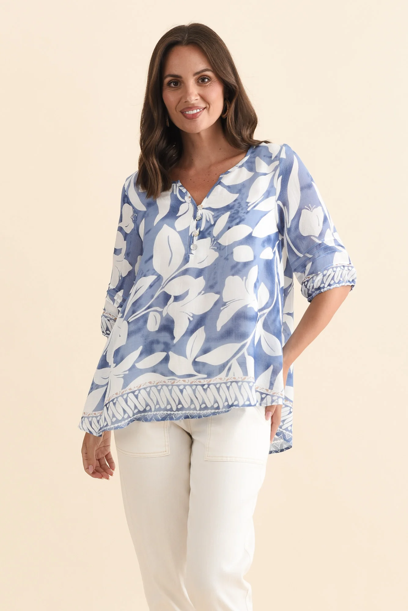 Ramy Blue Leaf Cotton Blend Top