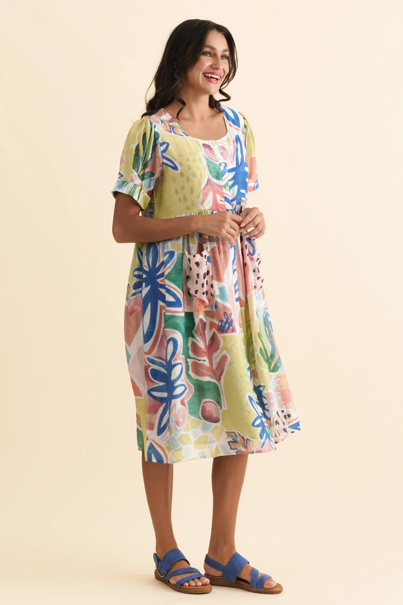Rayna Blue Flower Button Dress - Image 4