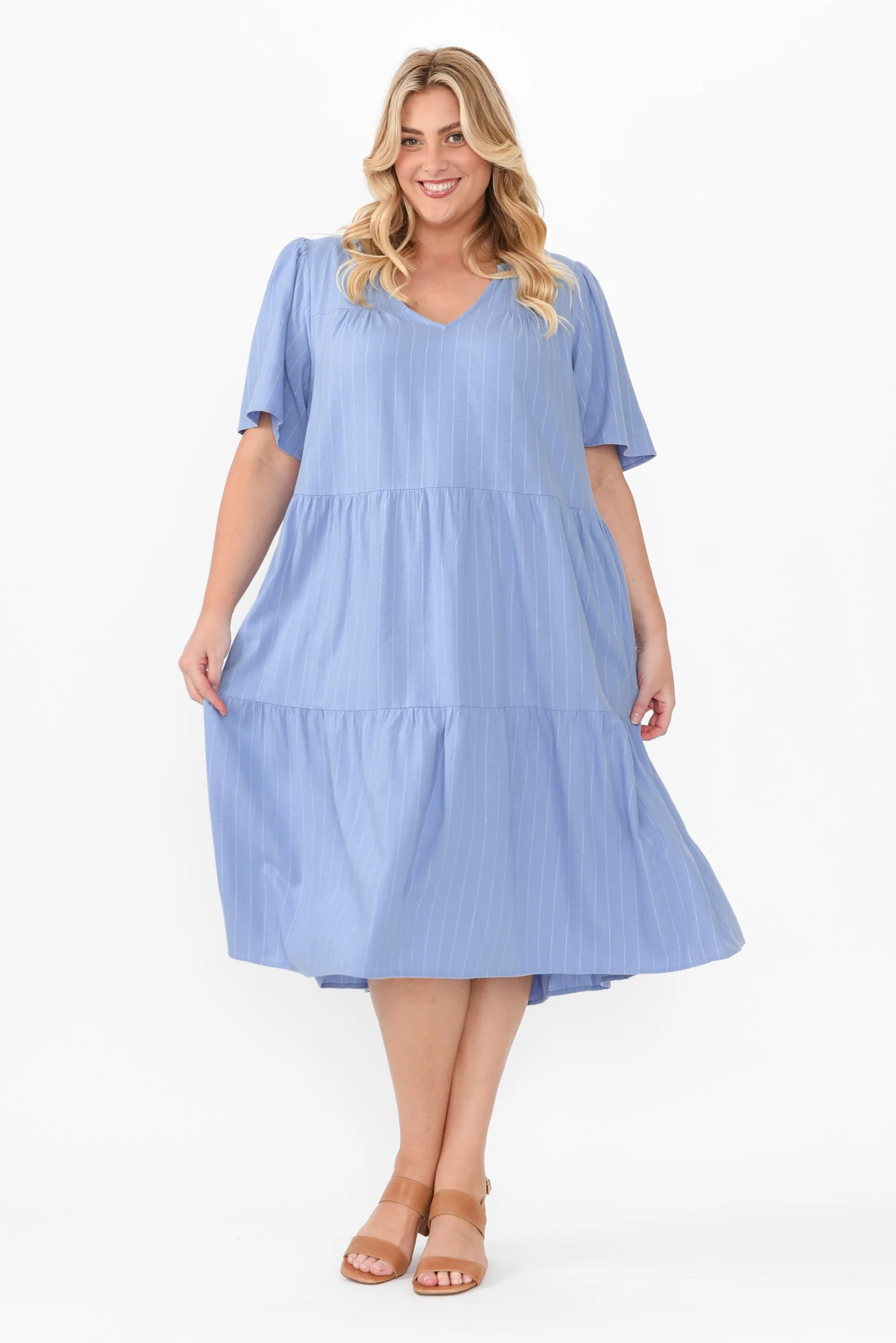 Regina Blue Linen Blend Tier Dress - Image 12