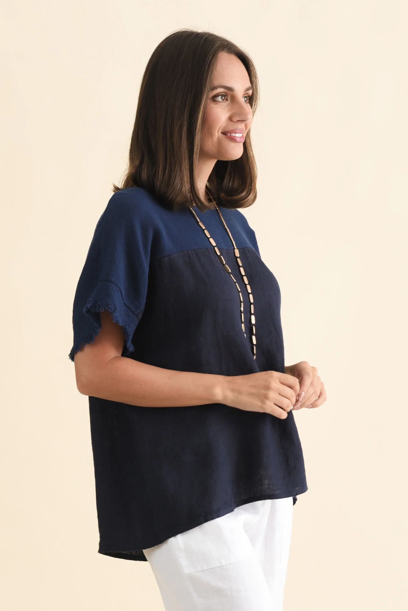 Remo Navy Linen Frayed Top - Image 3