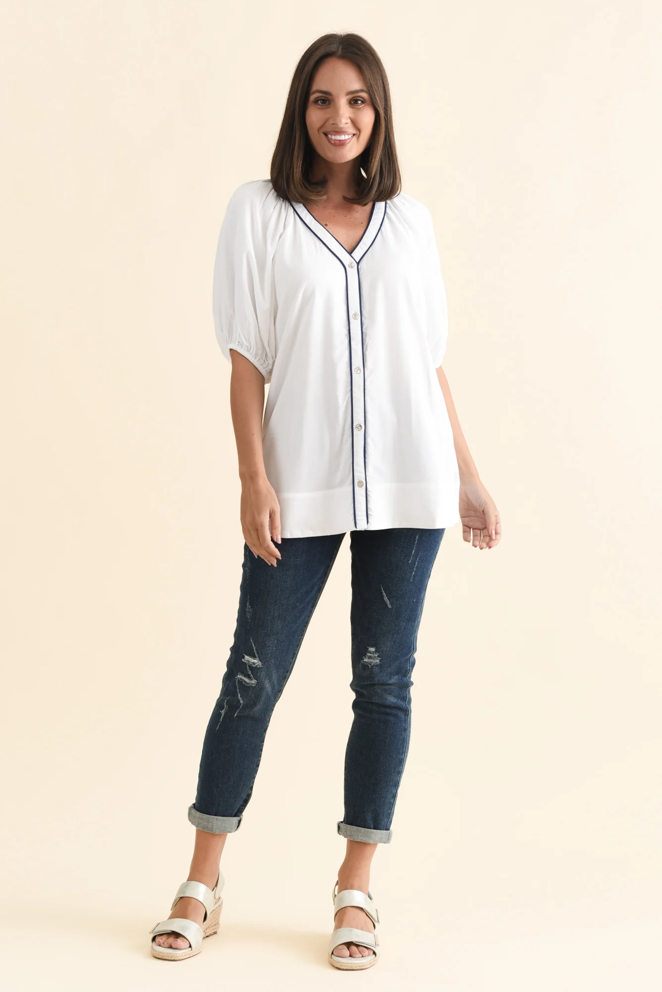 Rio Reef White Contrast Button Blouse - Image 2