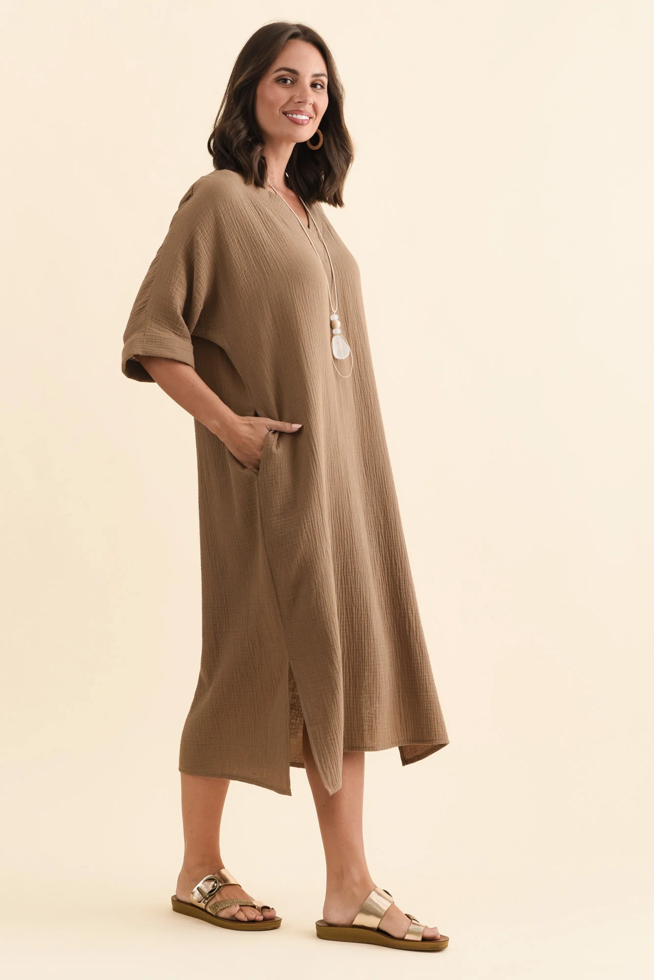 Roma Mocha Cotton Cheesecloth Dress - Image 3