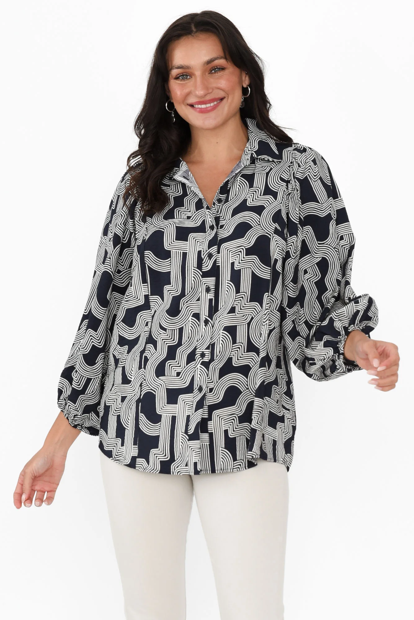 Rosalind Navy Geo Collared Shirt - Image 2