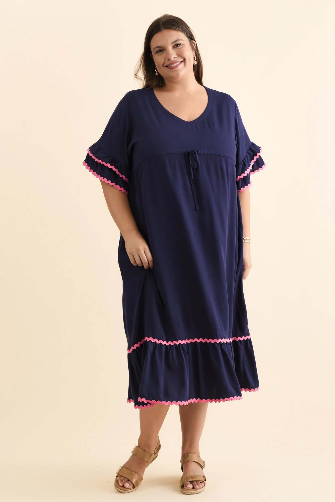 Rosemarie Navy Contrast Frill Dress - Image 7