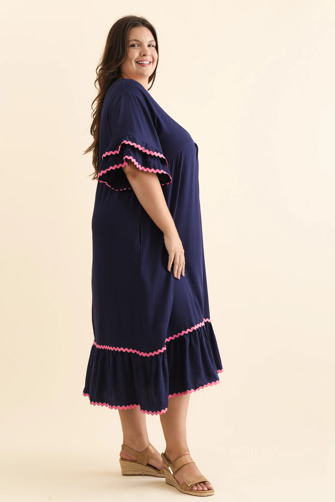 Rosemarie Navy Contrast Frill Dress - Image 9