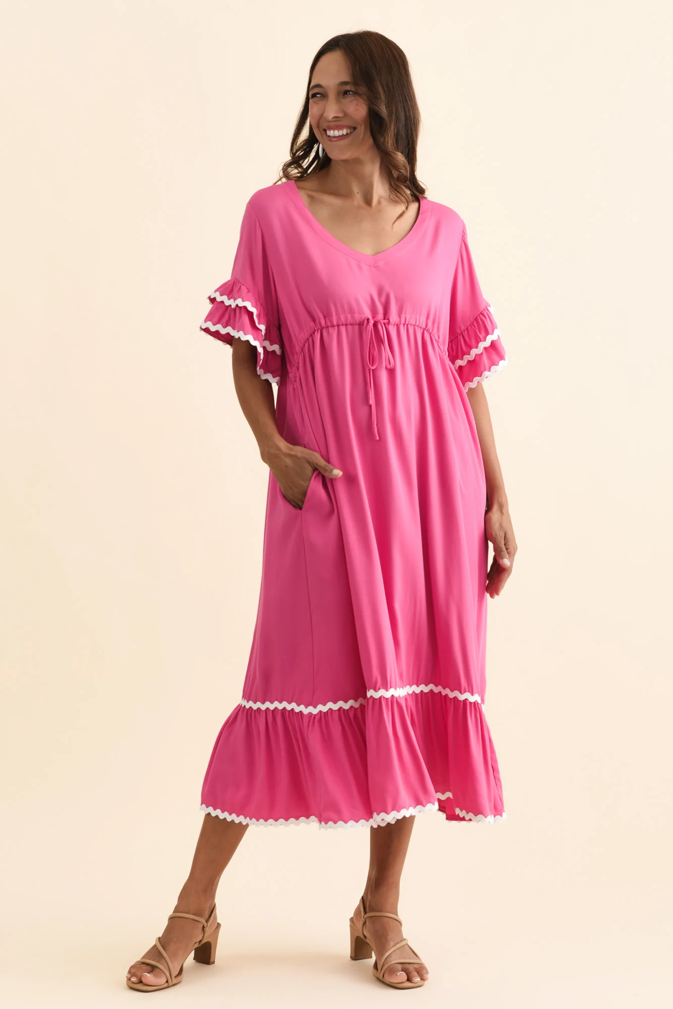 Rosemarie Pink Contrast Frill Dress - Image 6