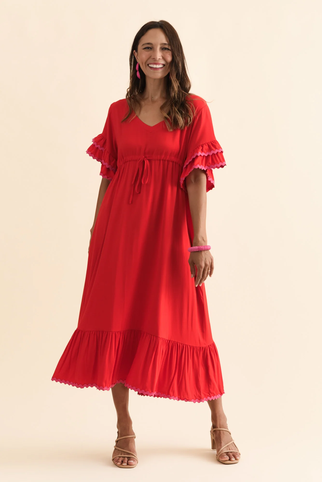 Rosemarie Red Contrast Frill Dress