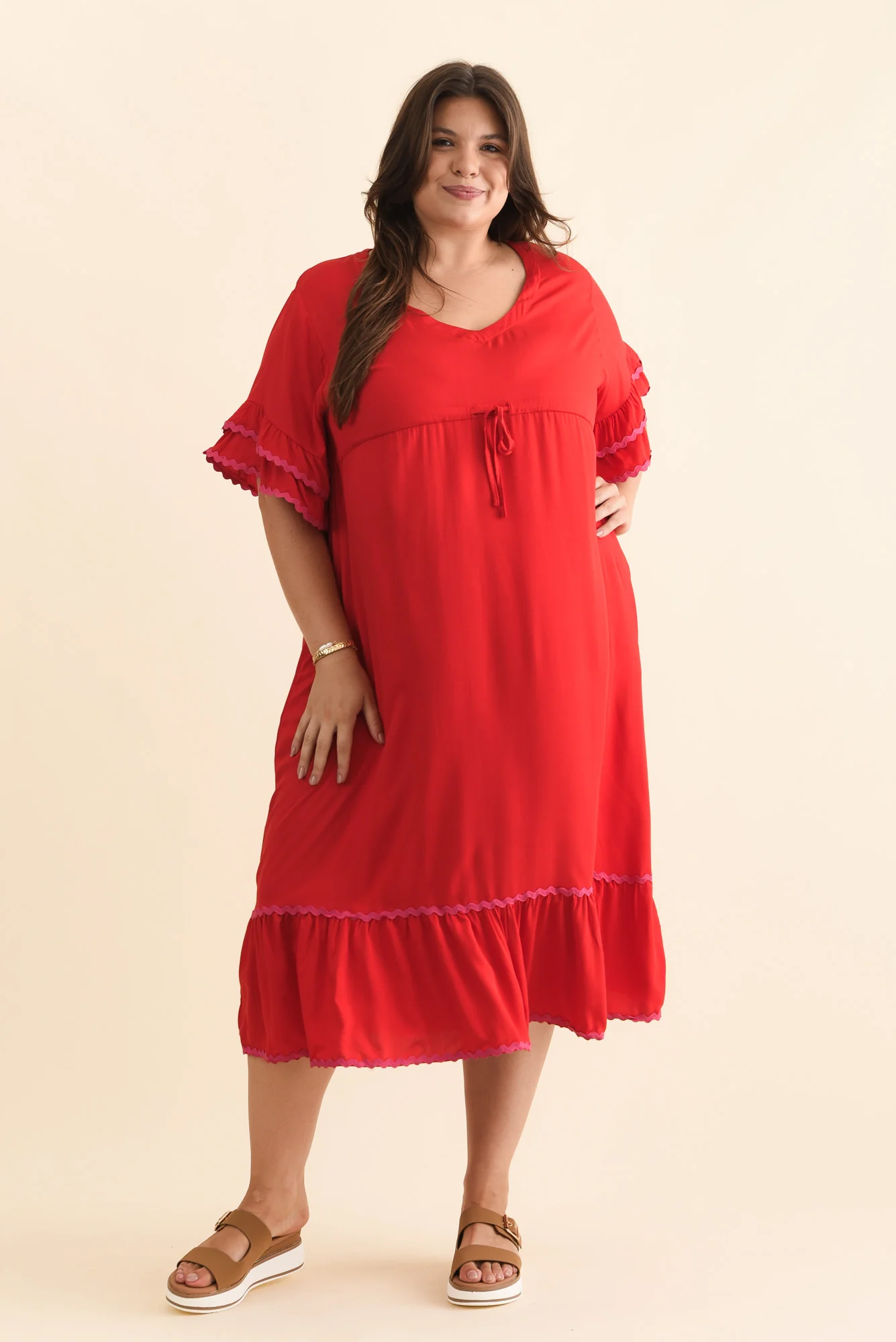 Rosemarie Red Contrast Frill Dress - Image 7