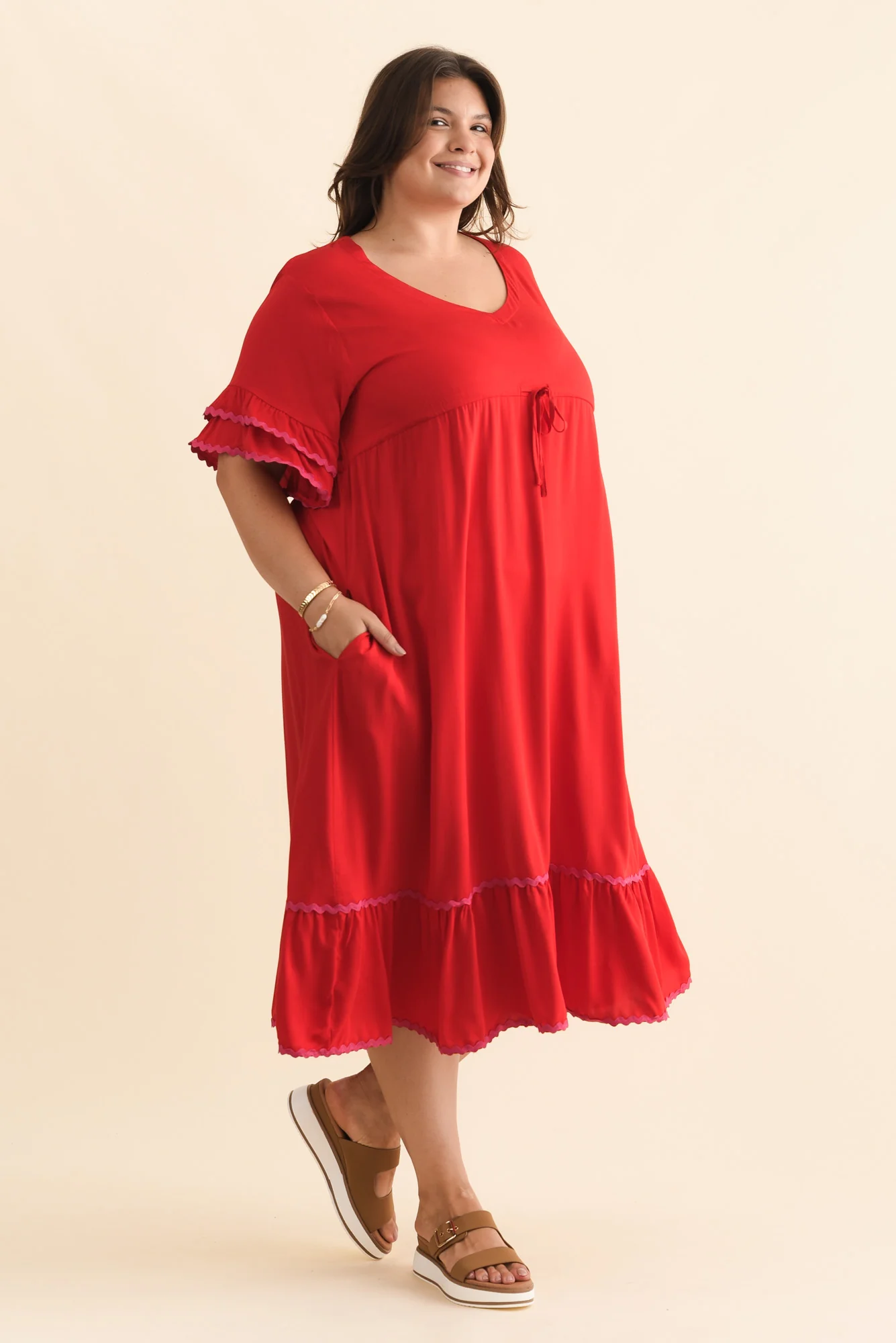 Rosemarie Red Contrast Frill Dress - Image 9