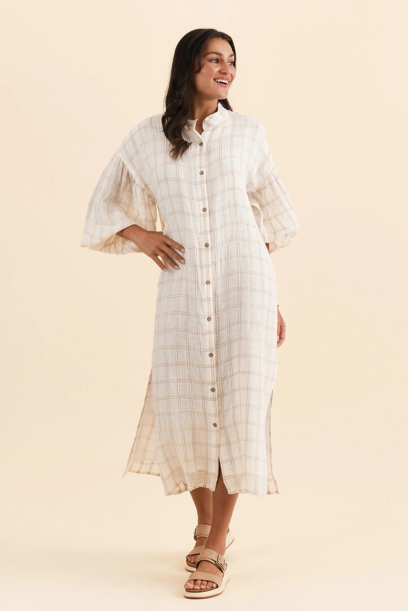 Rowena Ivory Check Linen Dress