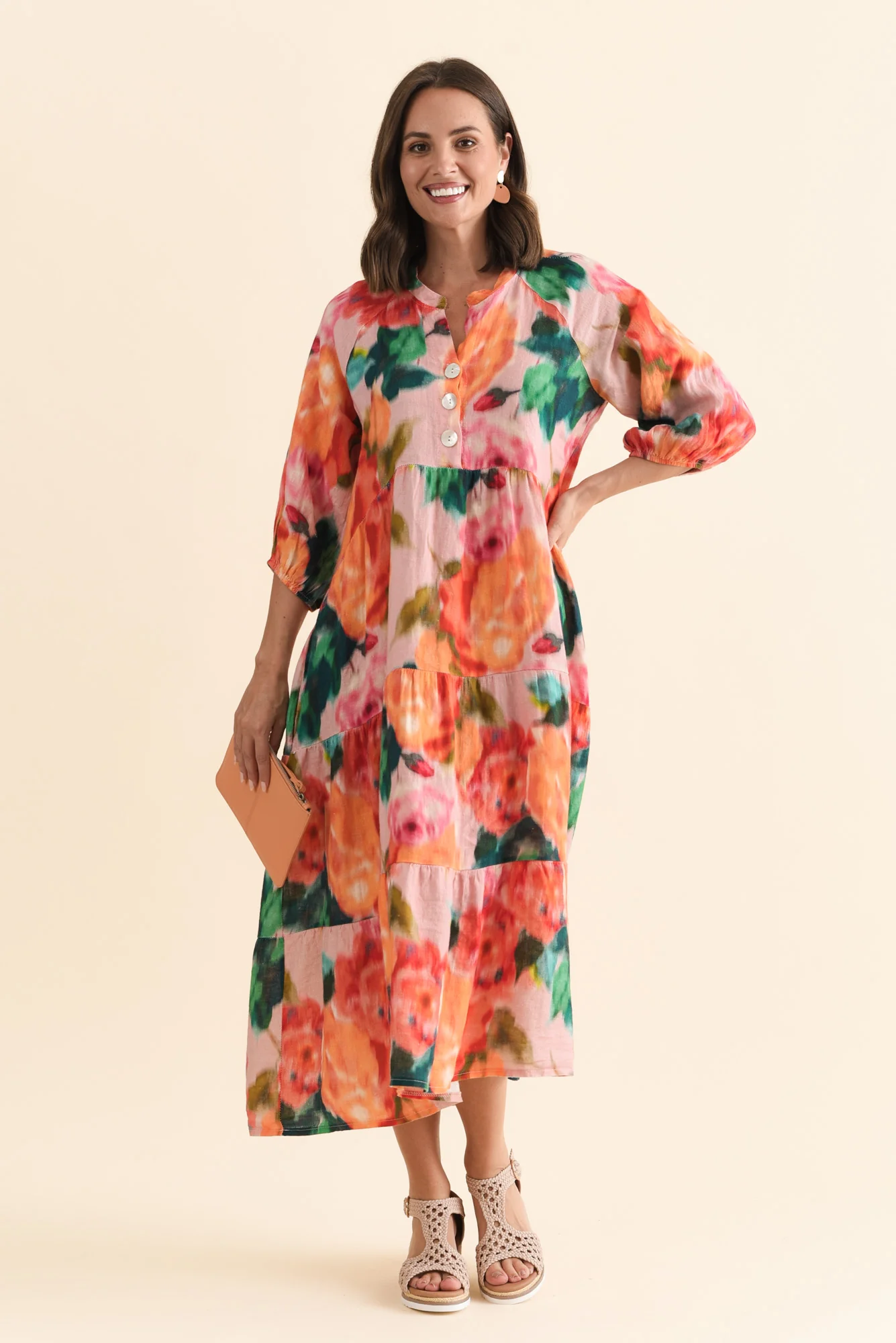 Ruthie Orange Floral Linen Button Dress