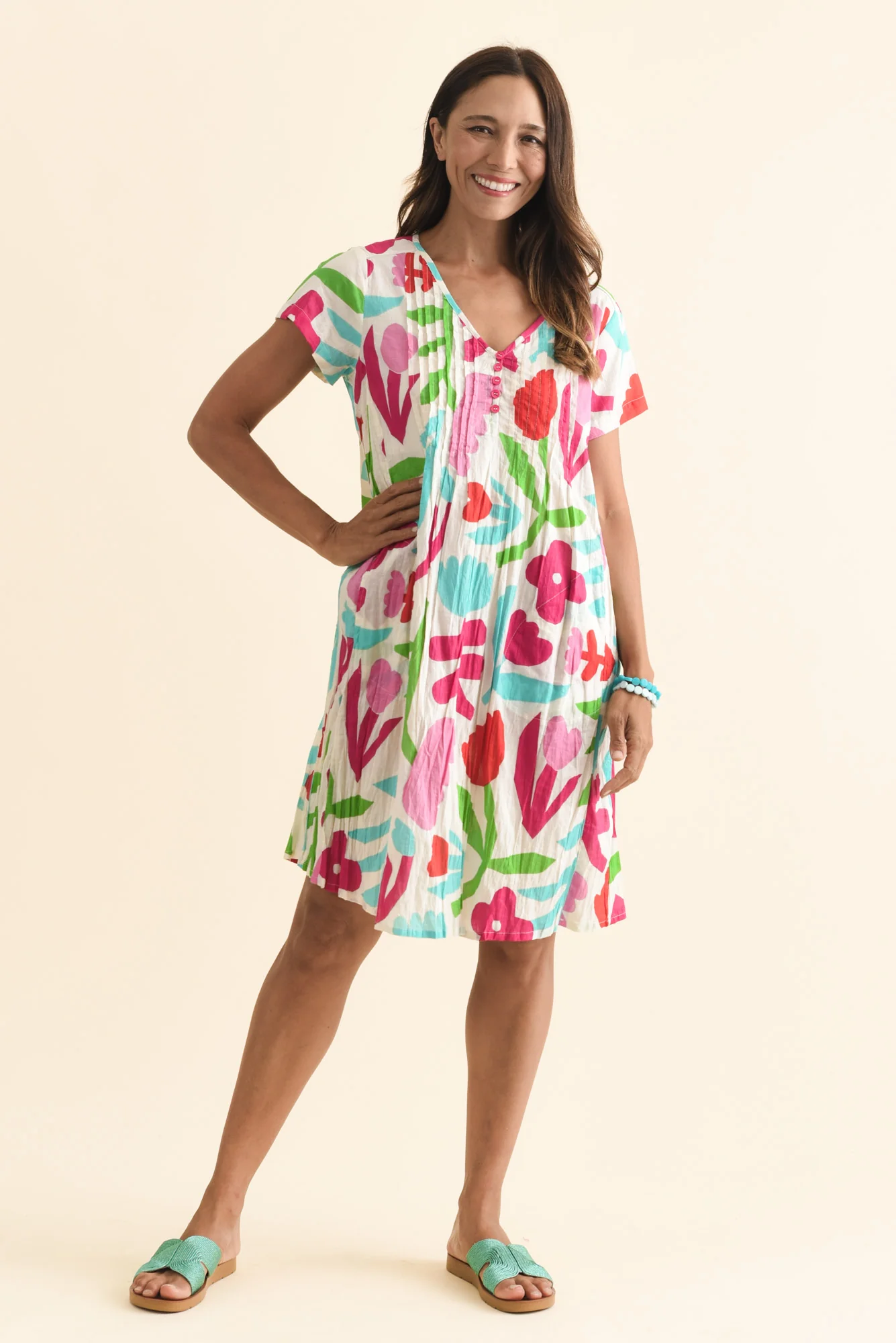 Sabina White Flower Crinkle Cotton Dress